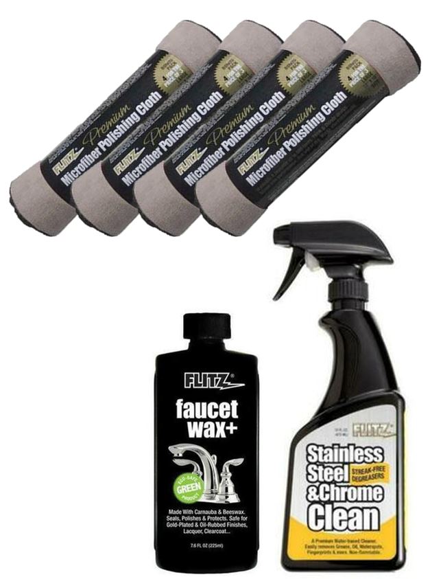 Four gray microfiber polishing cloths, black bottle of faucet wax+, and spray bottle of stainless steel & chrome cleaner.
