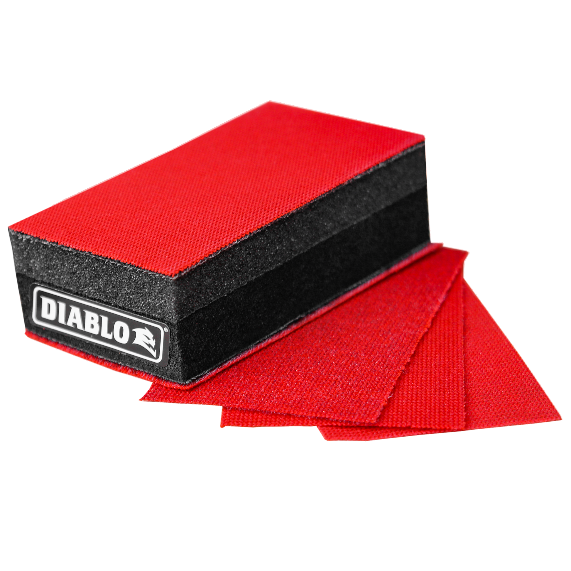 Red and black hand sanding block with Diablo branding and stack of red sanding sheets beside it.