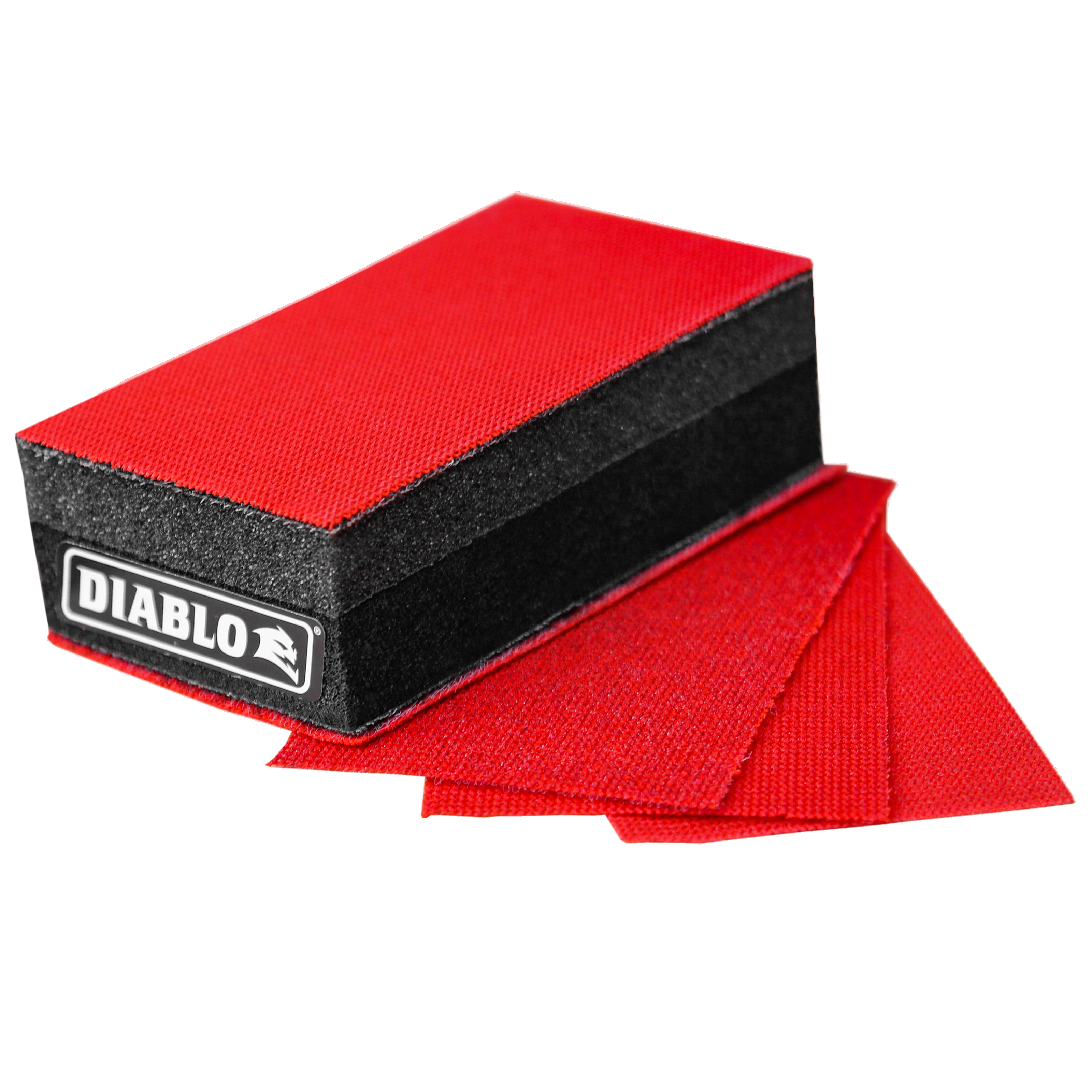 Black and red hand sanding block with abrasive surface and stack of red sanding sheets.