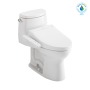 White elongated one-piece toilet with attached bidet seat and control panel on the side.