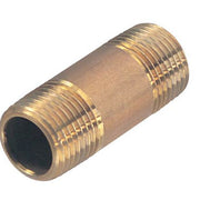 Brass flow control valve with threaded connections on both ends, hollow center opening visible.