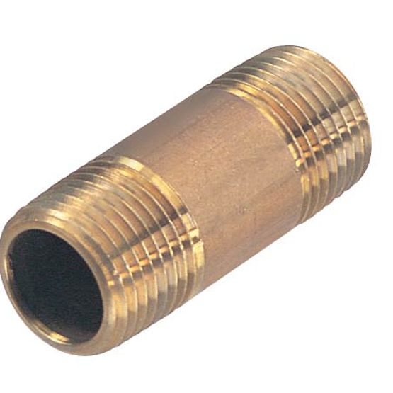 Brass flow control valve with threaded male connectors on both ends and central hollow passage.