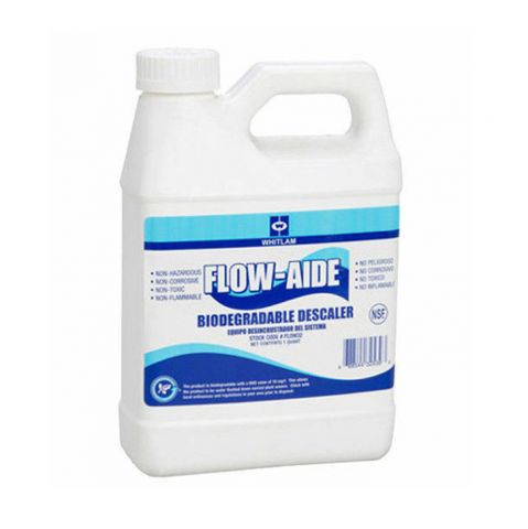 White plastic gallon jug of Flow-Aide Biodegradable Descaler with blue and white label.
