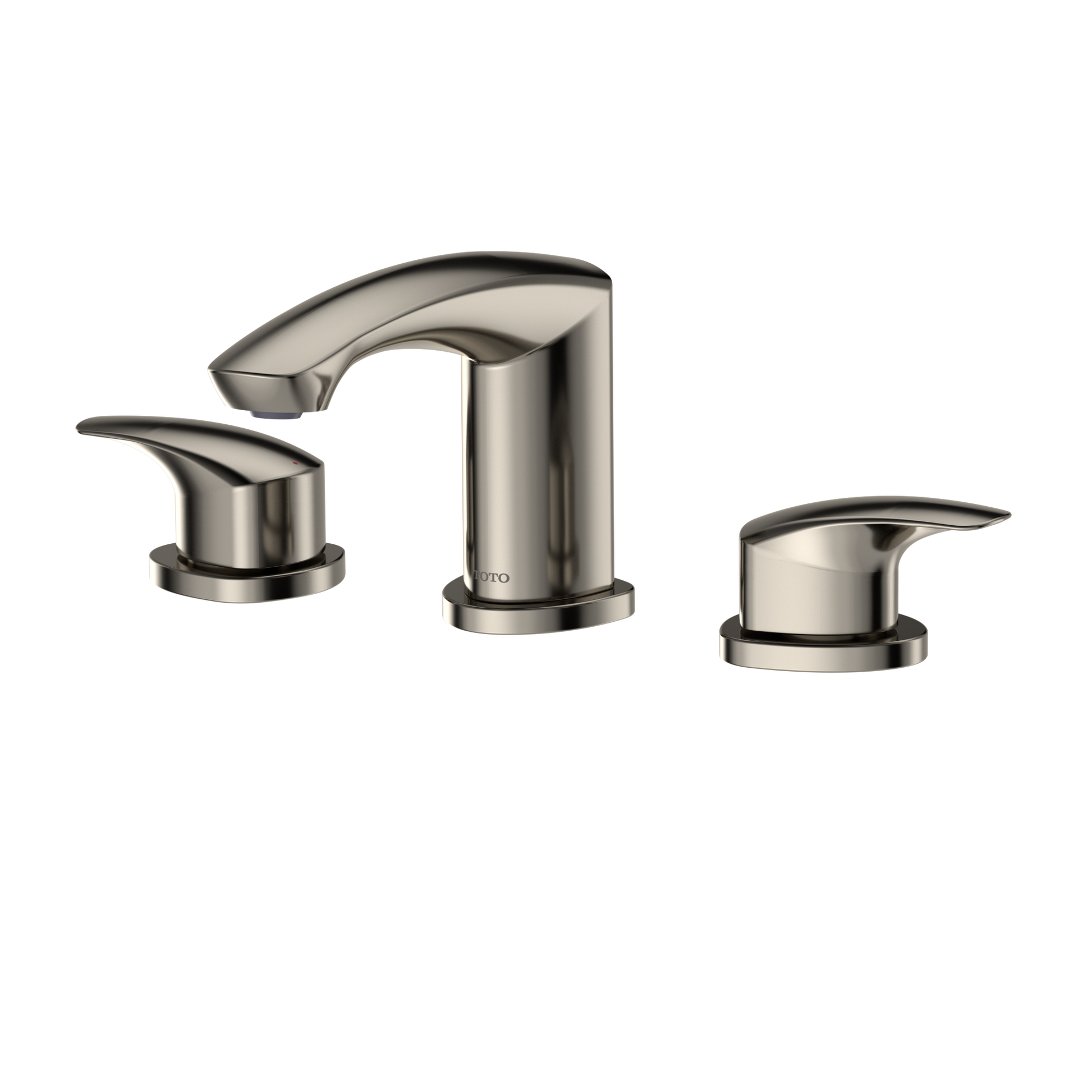 Polished nickel widespread bathroom sink faucet with curved spout and two lever handles.