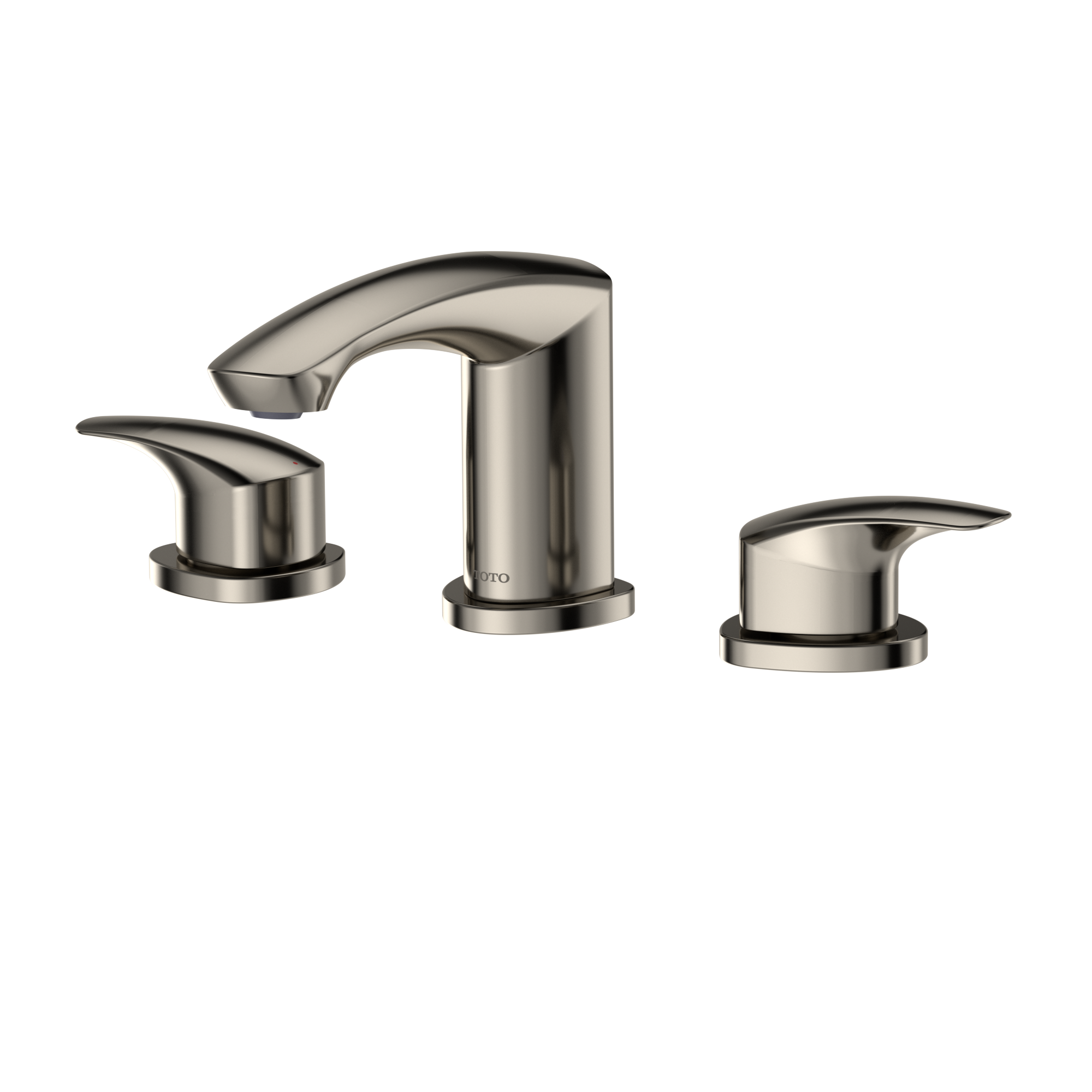 Polished nickel widespread bathroom sink faucet with curved spout and two lever handles.