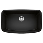 Coal black single bowl undermount kitchen sink with chrome drain strainer, rounded rectangular shape, 32 inches wide.