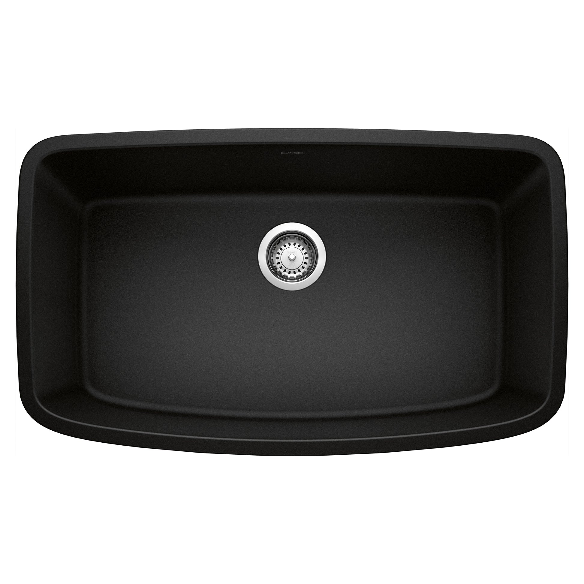 Coal black single bowl undermount kitchen sink with chrome drain strainer, rounded rectangular shape, 32 inches wide.