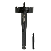 Black self-feed drill bit with 2-inch diameter cutting head and spiral center point, shown with detachable pilot bit.