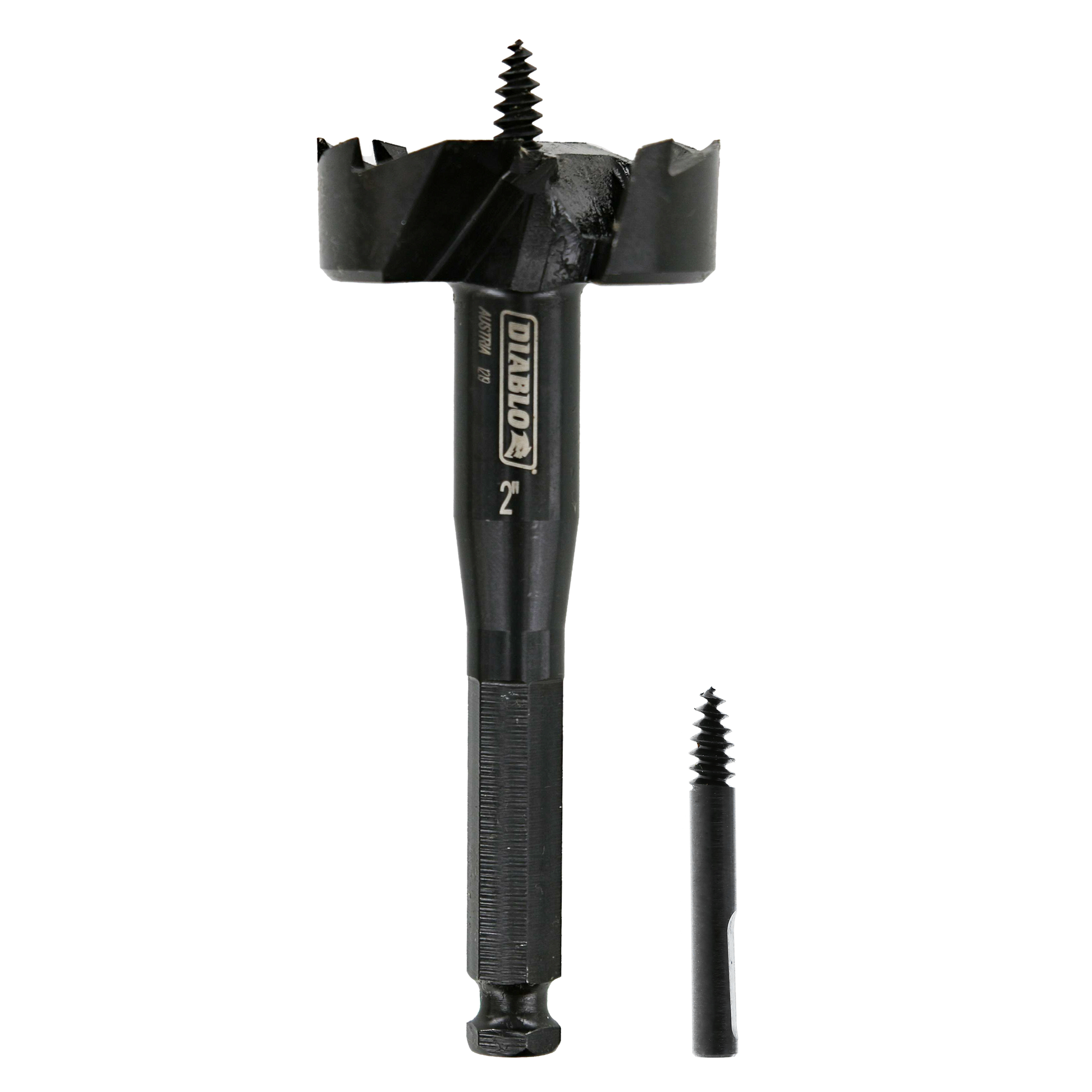 Black self-feed drill bit with 2-inch diameter cutting head and spiral center point, shown with detachable pilot bit.