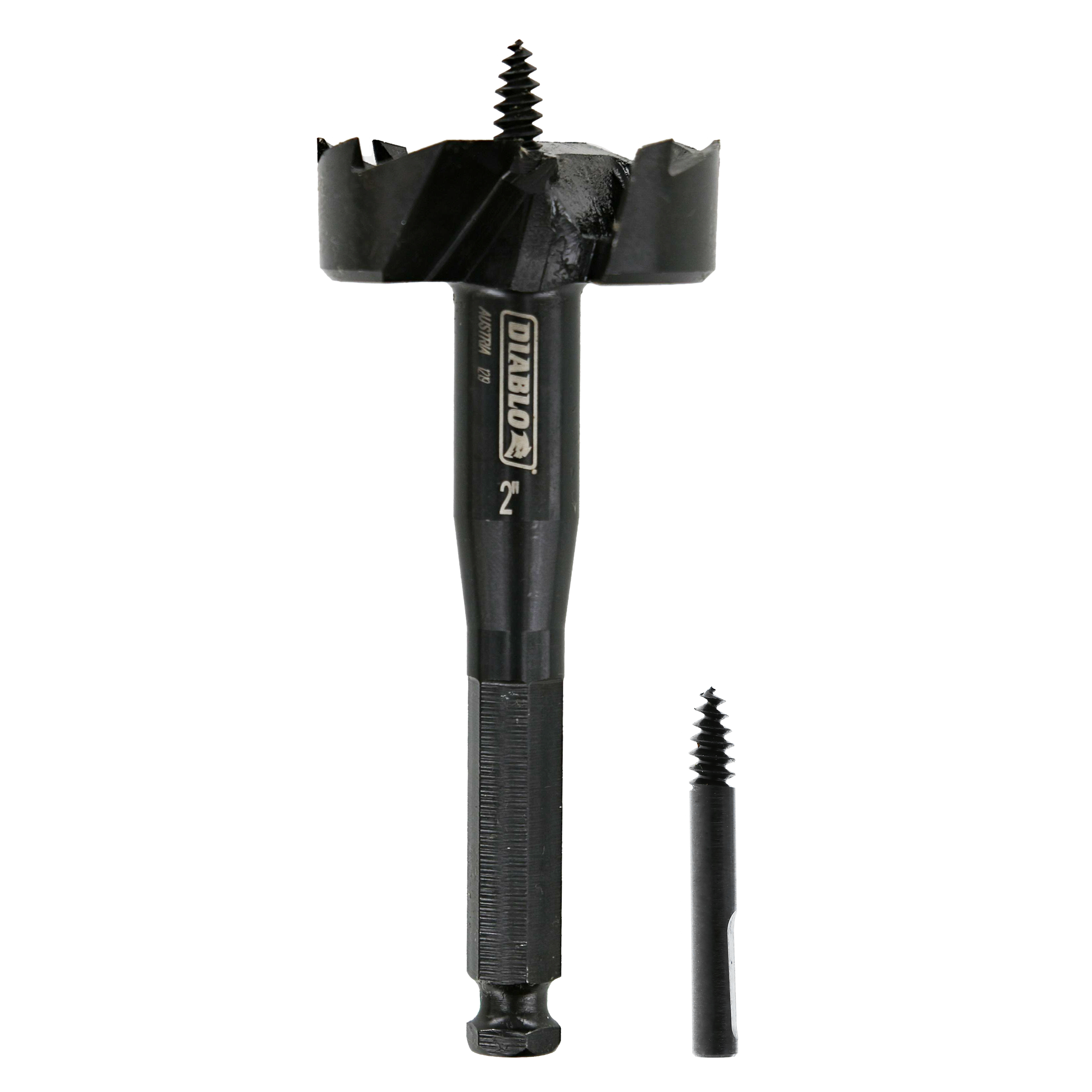 Black self-feed drill bit with 2-inch diameter cutting head and spiral center point, shown with detachable pilot bit.