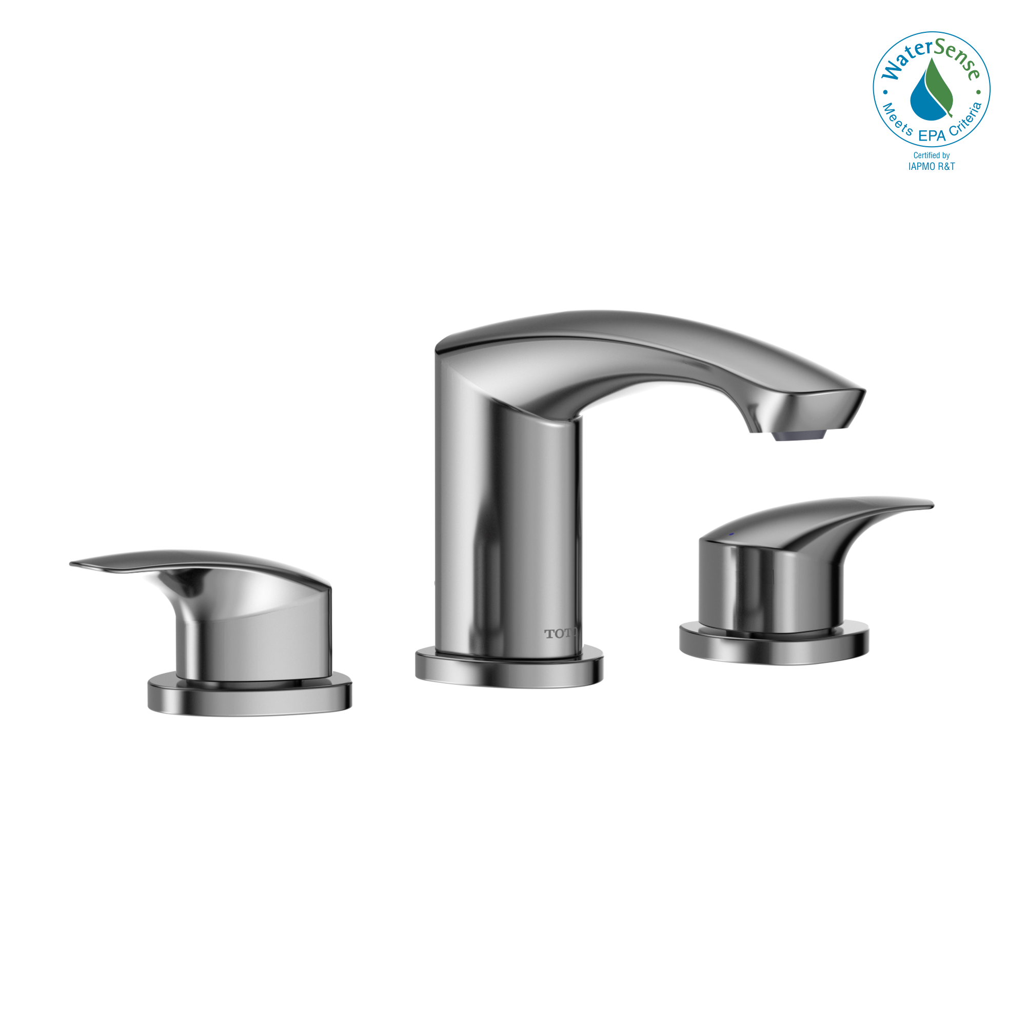 Polished chrome two-handle widespread bathroom sink faucet with curved spout and lever handles.