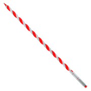 Red and gray spiral auger bit with pointed tip and metal shank against white background.