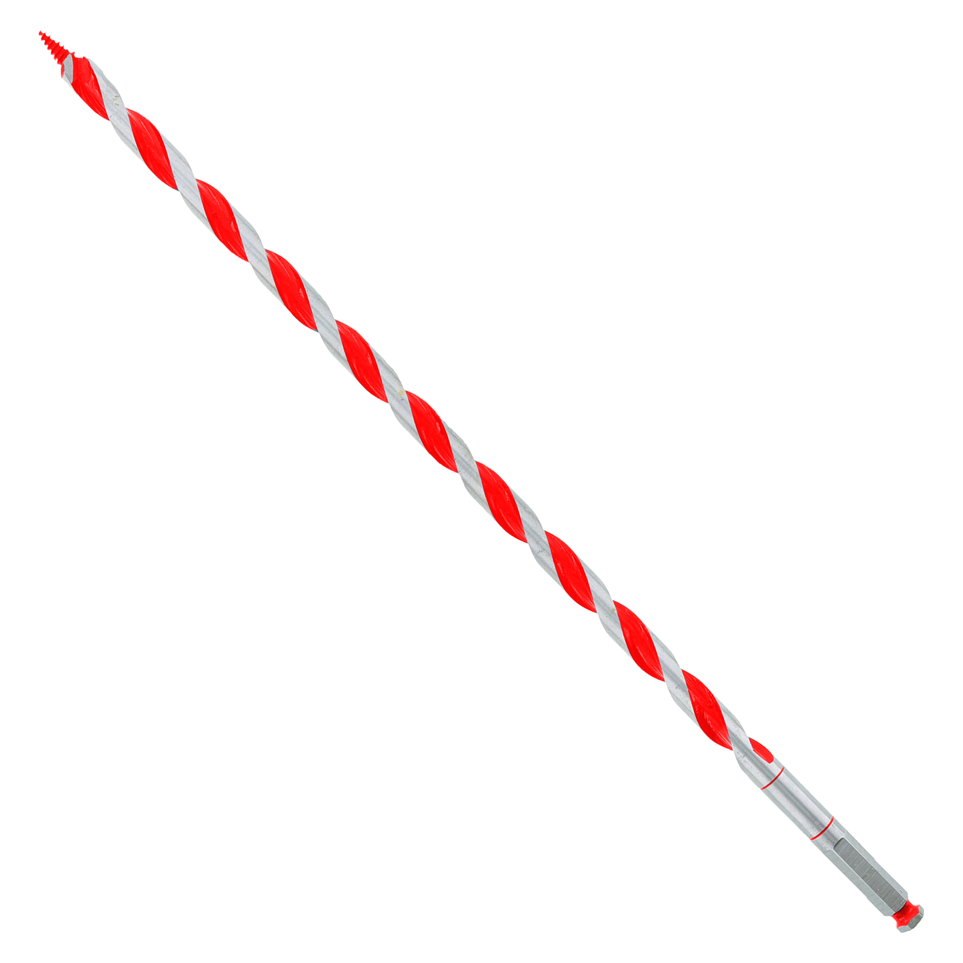 Red and gray spiral auger bit with pointed tip and metal shank against white background.