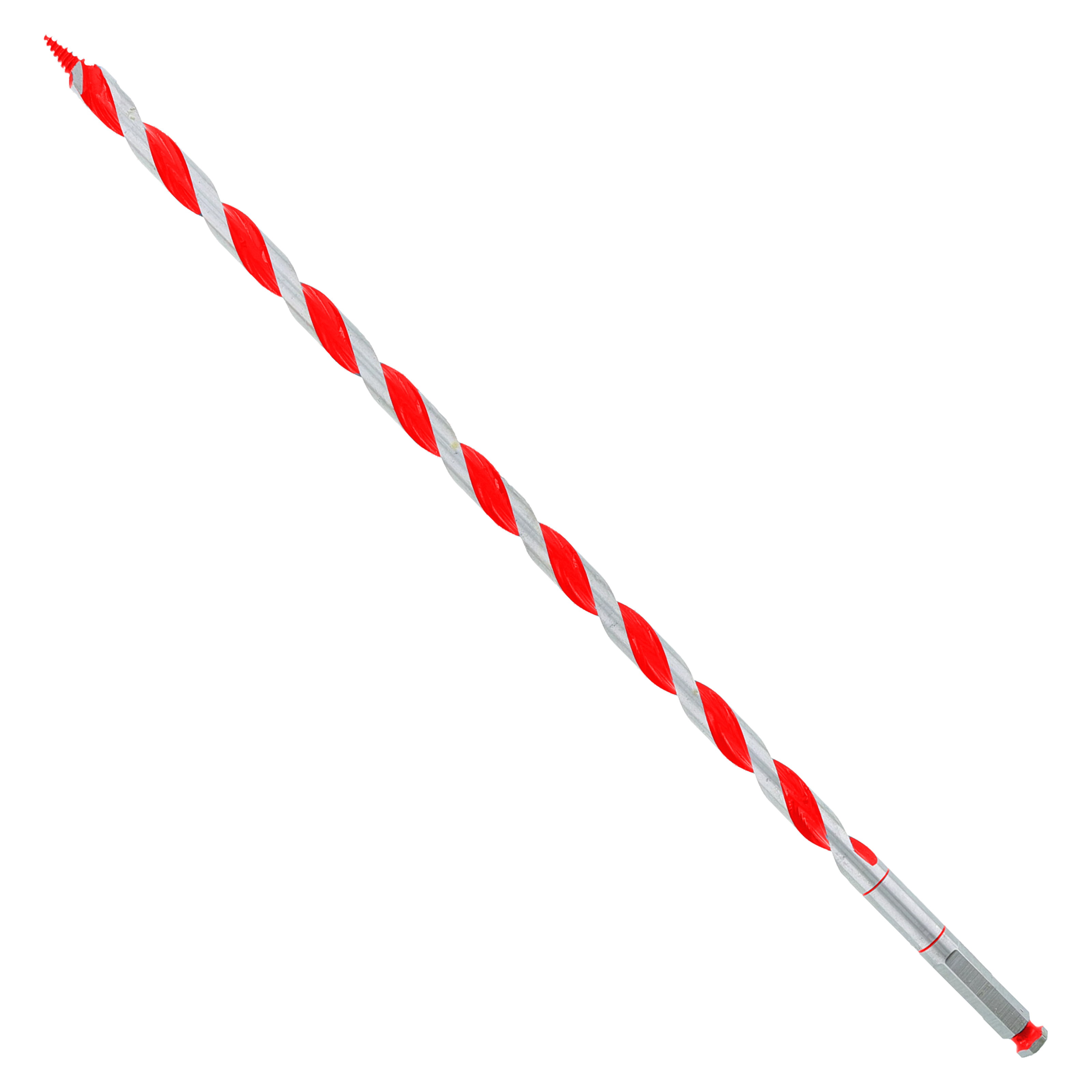 Red and gray spiral auger bit with pointed tip and metal shank against white background.