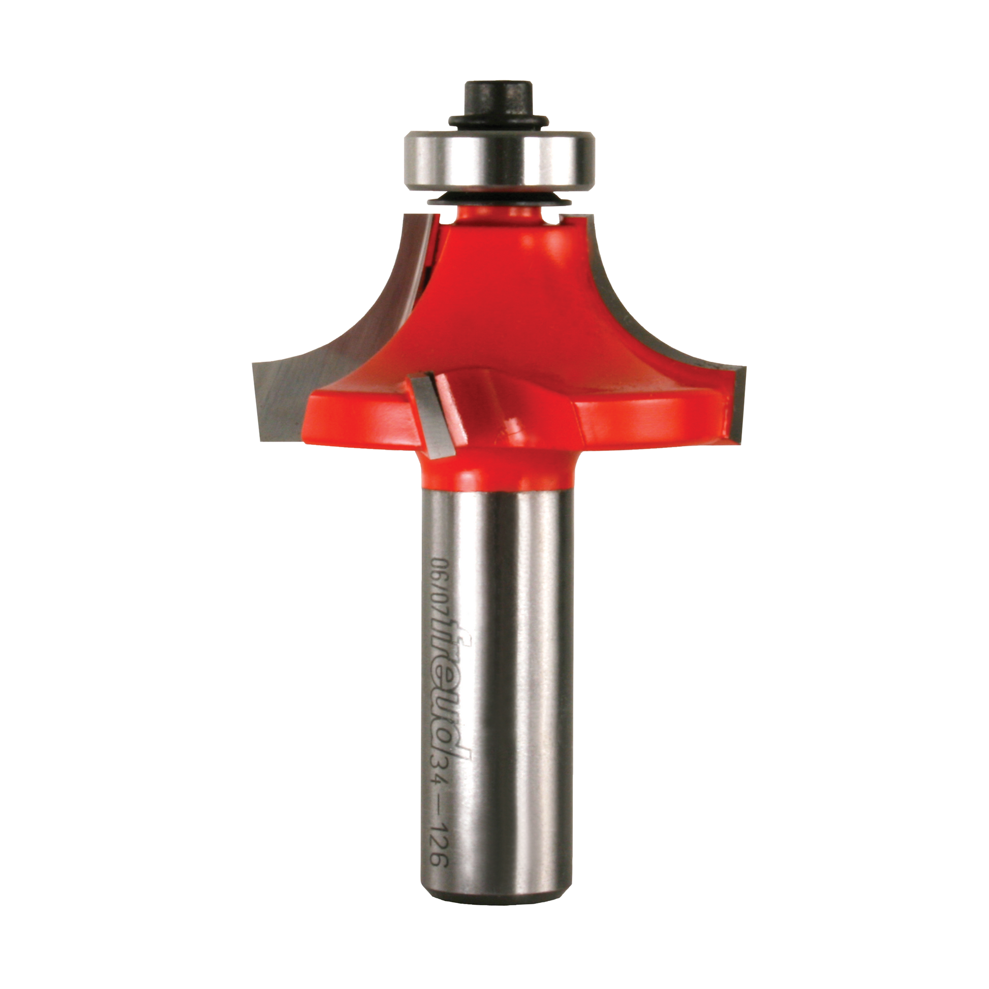 Router bit with red cutting head, silver metal shaft, and bearing guide at top for woodworking edge rounding.