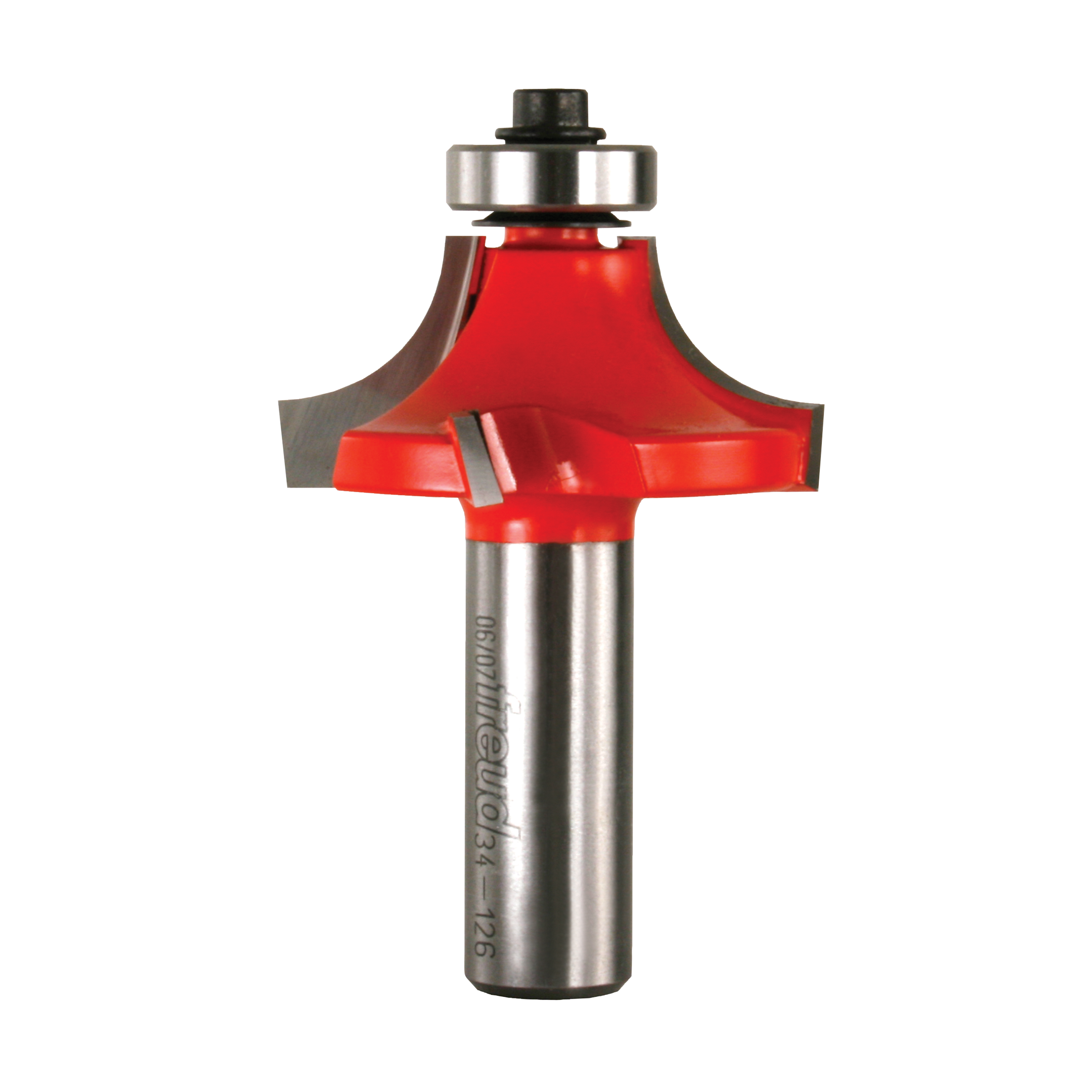 Router bit with red cutting head, silver metal shaft, and bearing guide at top for woodworking edge rounding.
