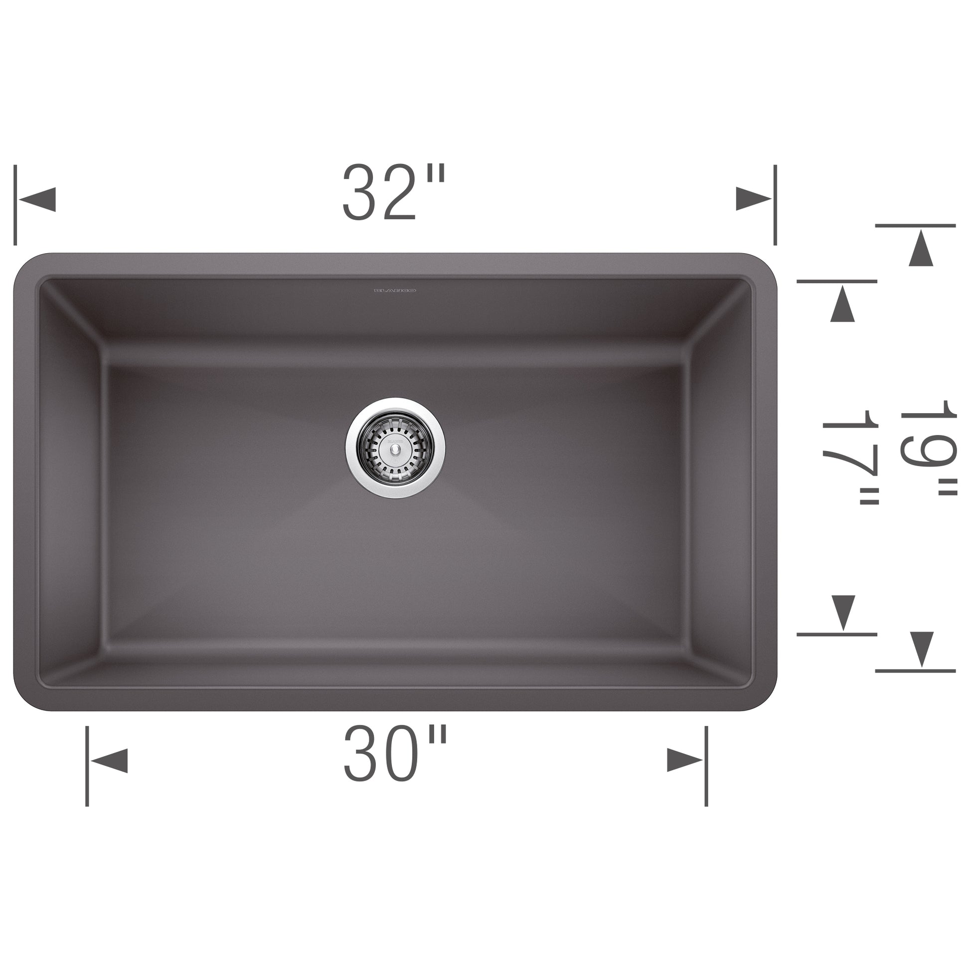Cinder gray single bowl undermount sink with drain, 32" wide by 19" deep by 17" tall.