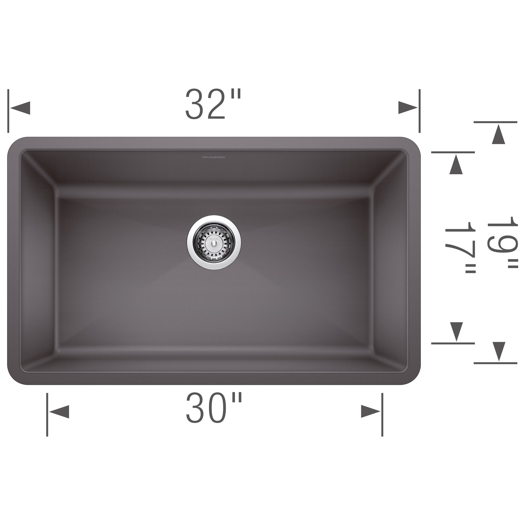 Cinder gray single bowl undermount sink with drain, 32" wide by 19" deep by 17" tall.