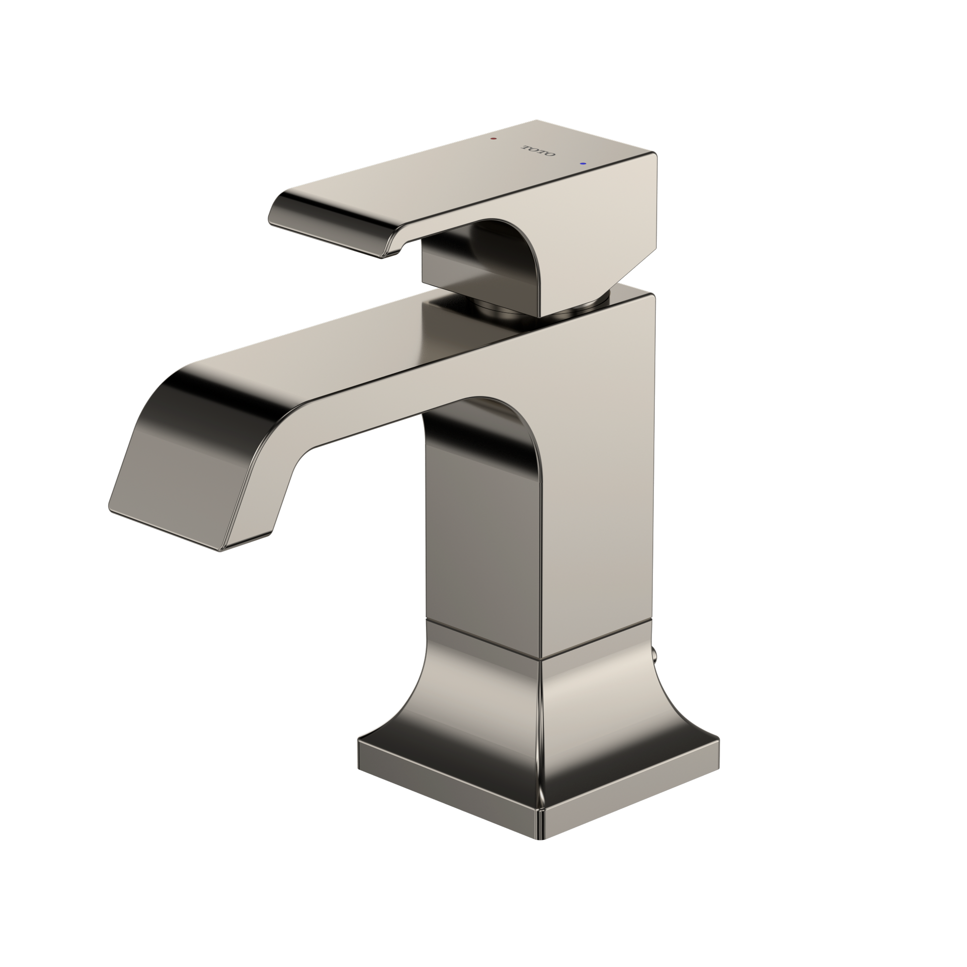 Polished nickel single-handle bathroom sink faucet with curved spout and rectangular base.