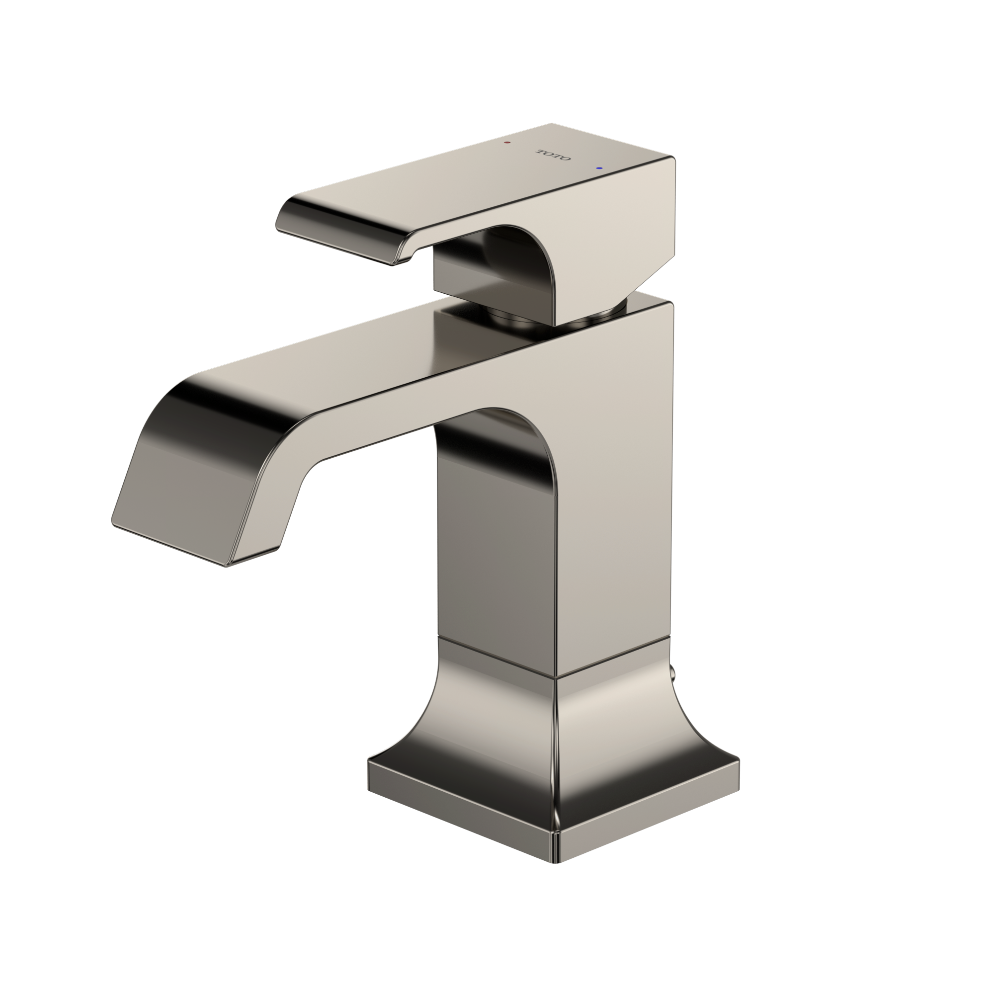 Polished nickel single-handle bathroom sink faucet with curved spout and rectangular base.