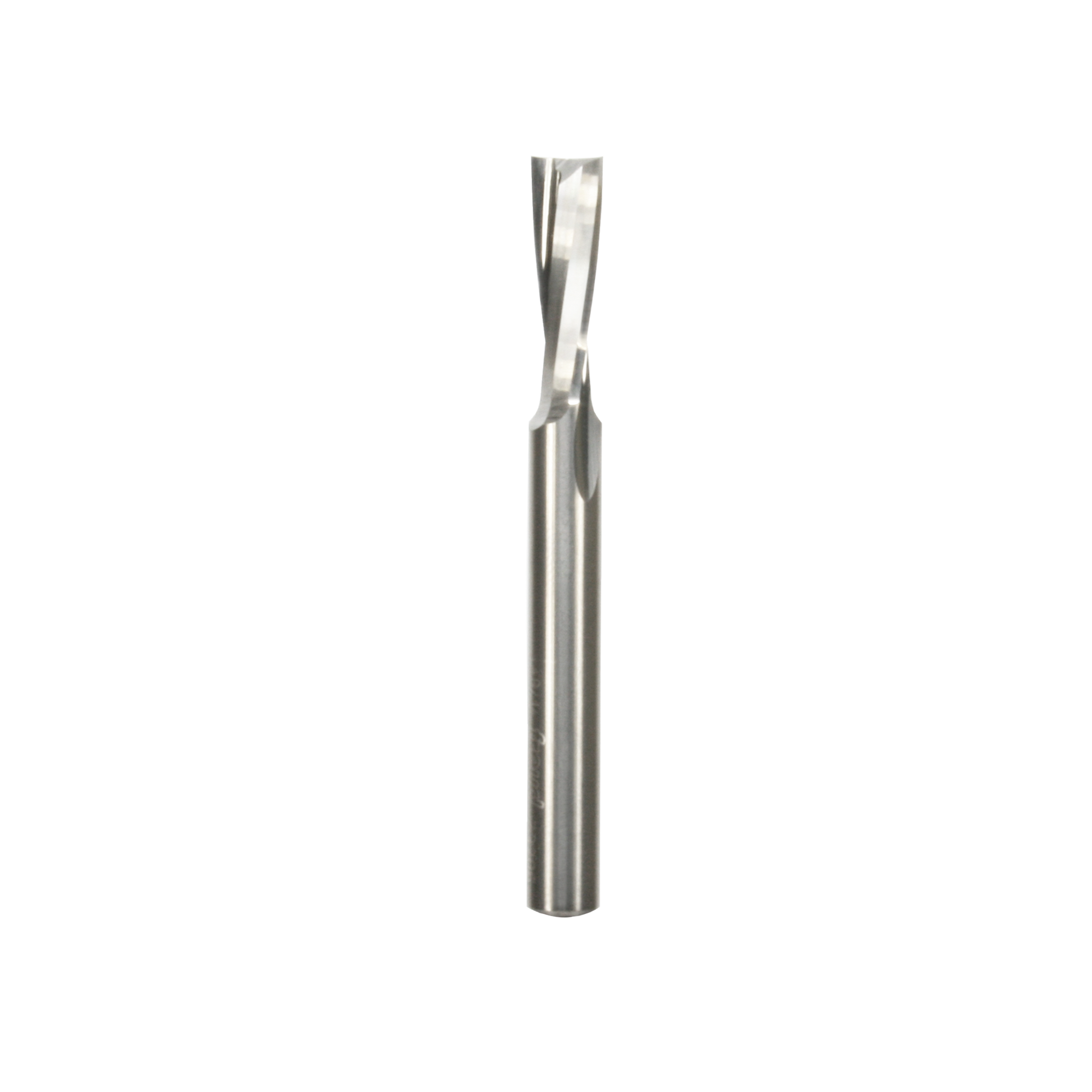 Silver spiral cutting bit with single upward-facing flute and cylindrical shank.