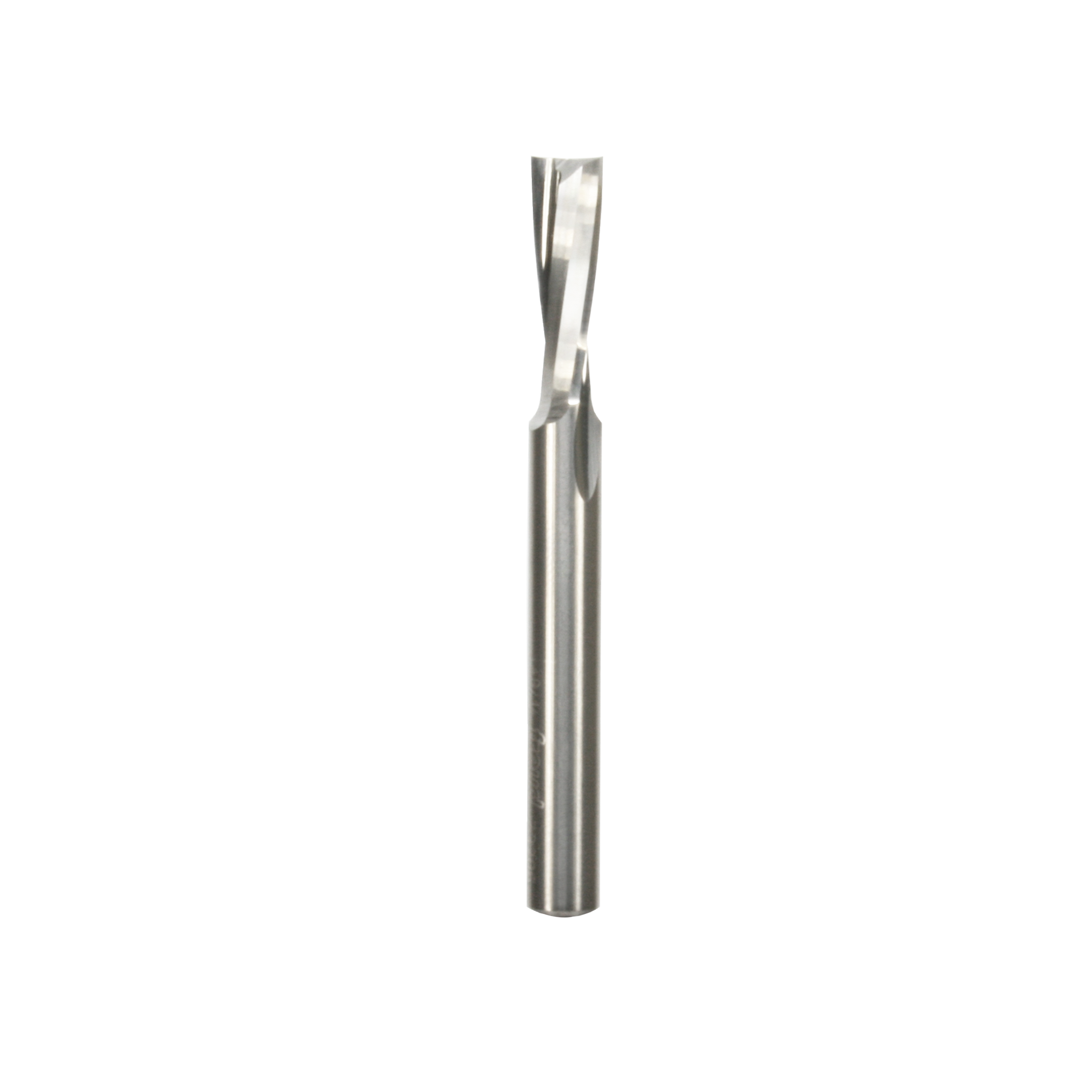 Silver spiral cutting bit with single upward-facing flute and cylindrical shank.