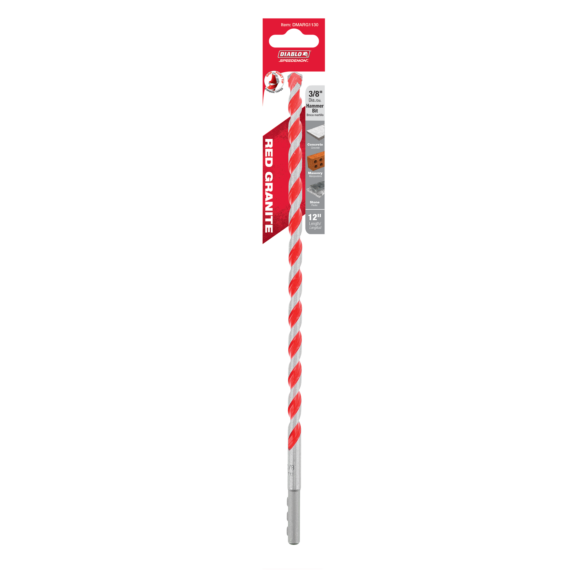Red and white spiral hammer drill bit with gray carbide tip and packaging label at top.