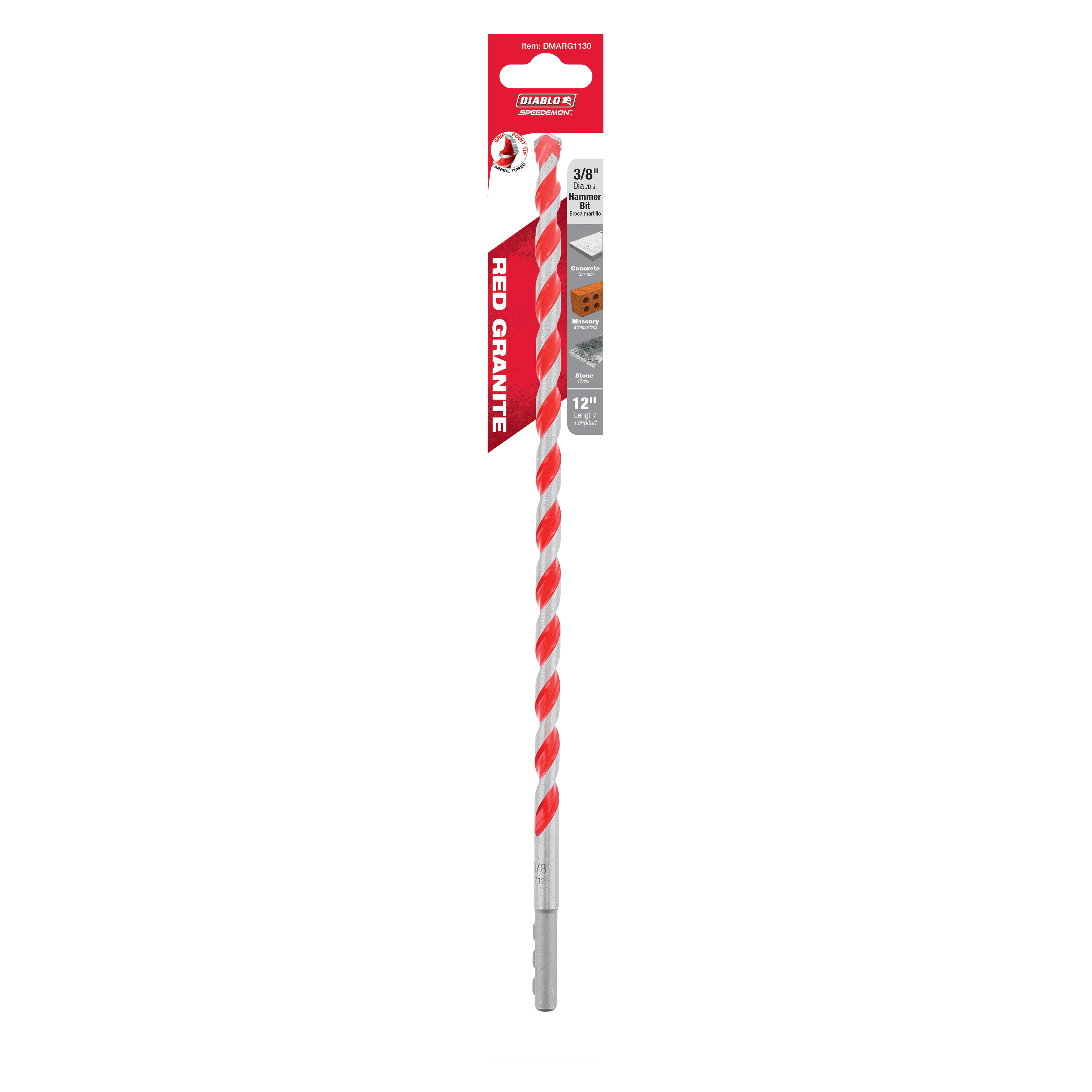 Red and white spiral hammer drill bit with gray carbide tip and packaging label at top.