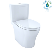 White two-piece elongated toilet with soft-close seat and matching tank.