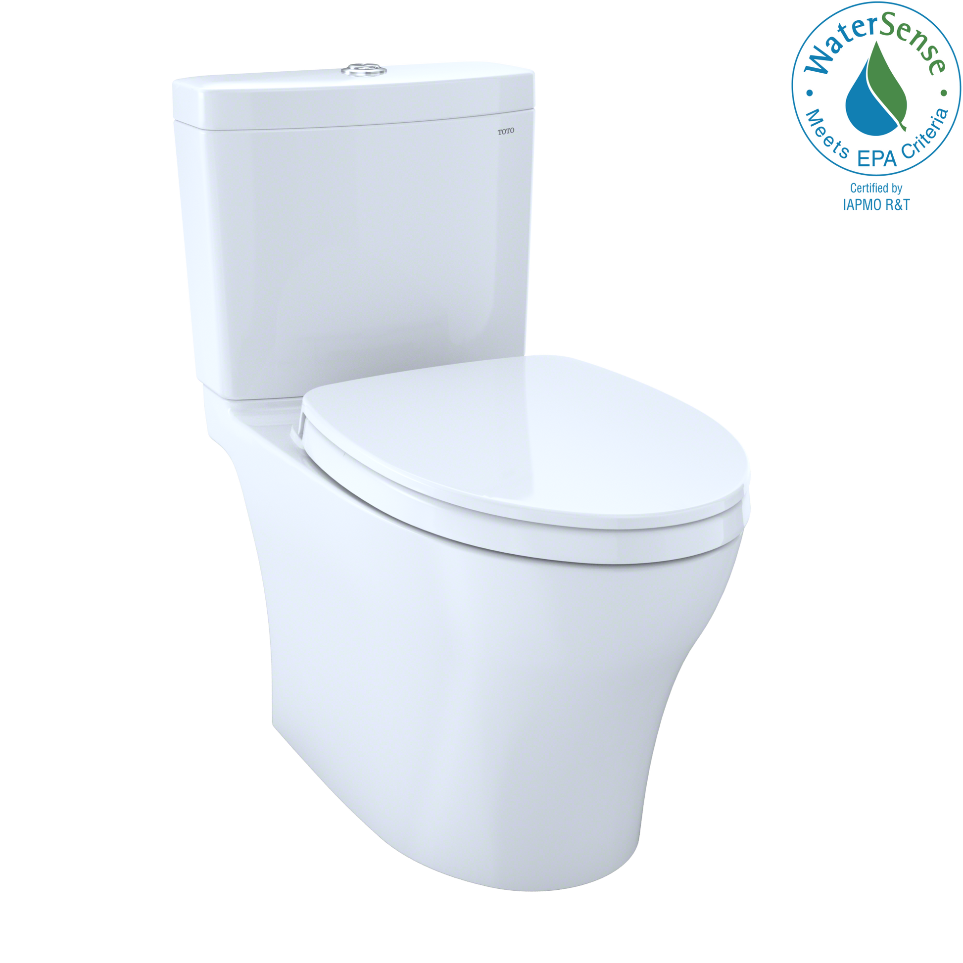 White two-piece elongated toilet with soft-close seat and matching tank.