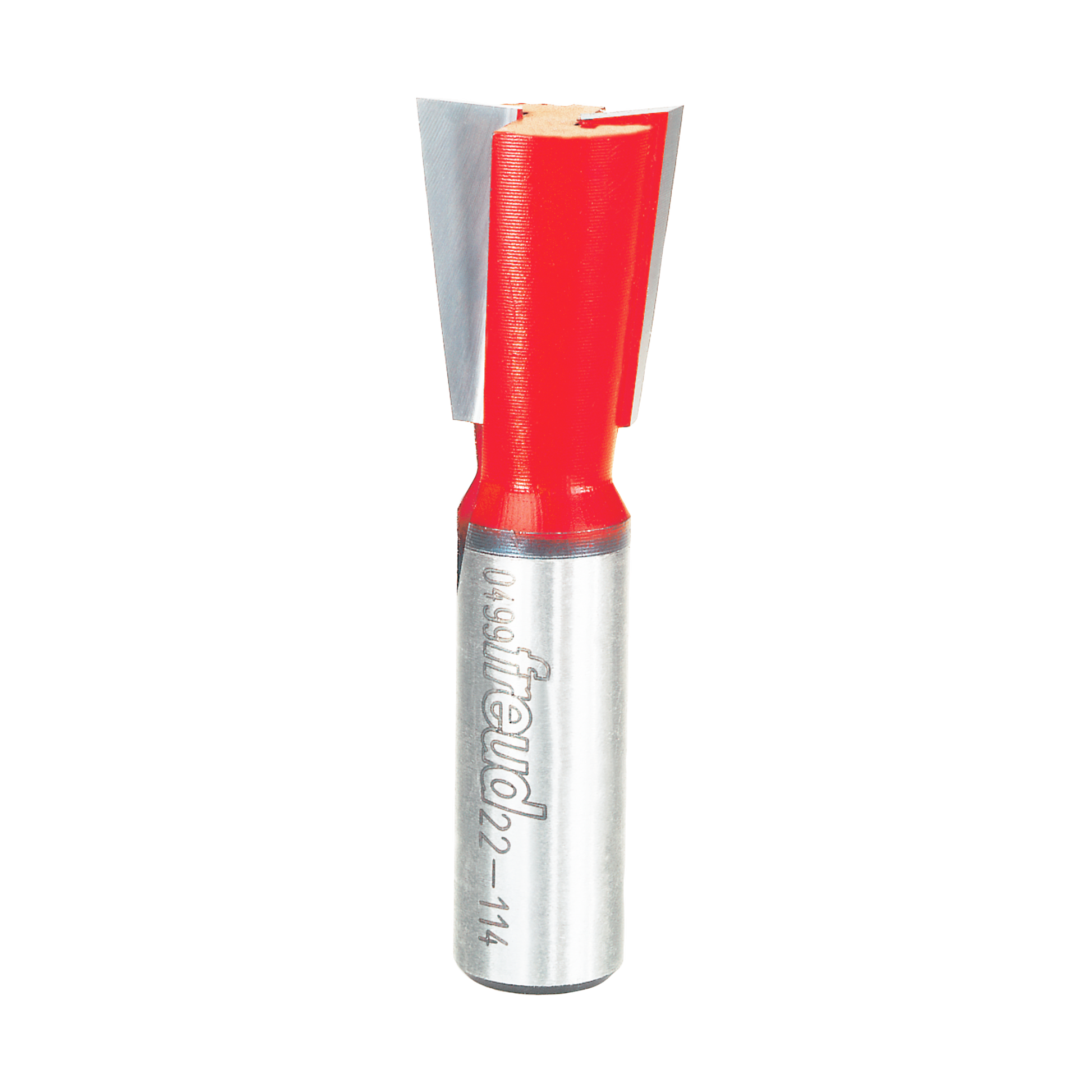 Freud 3/4" dovetail bit with red cutting head and silver metal shank for router use.
