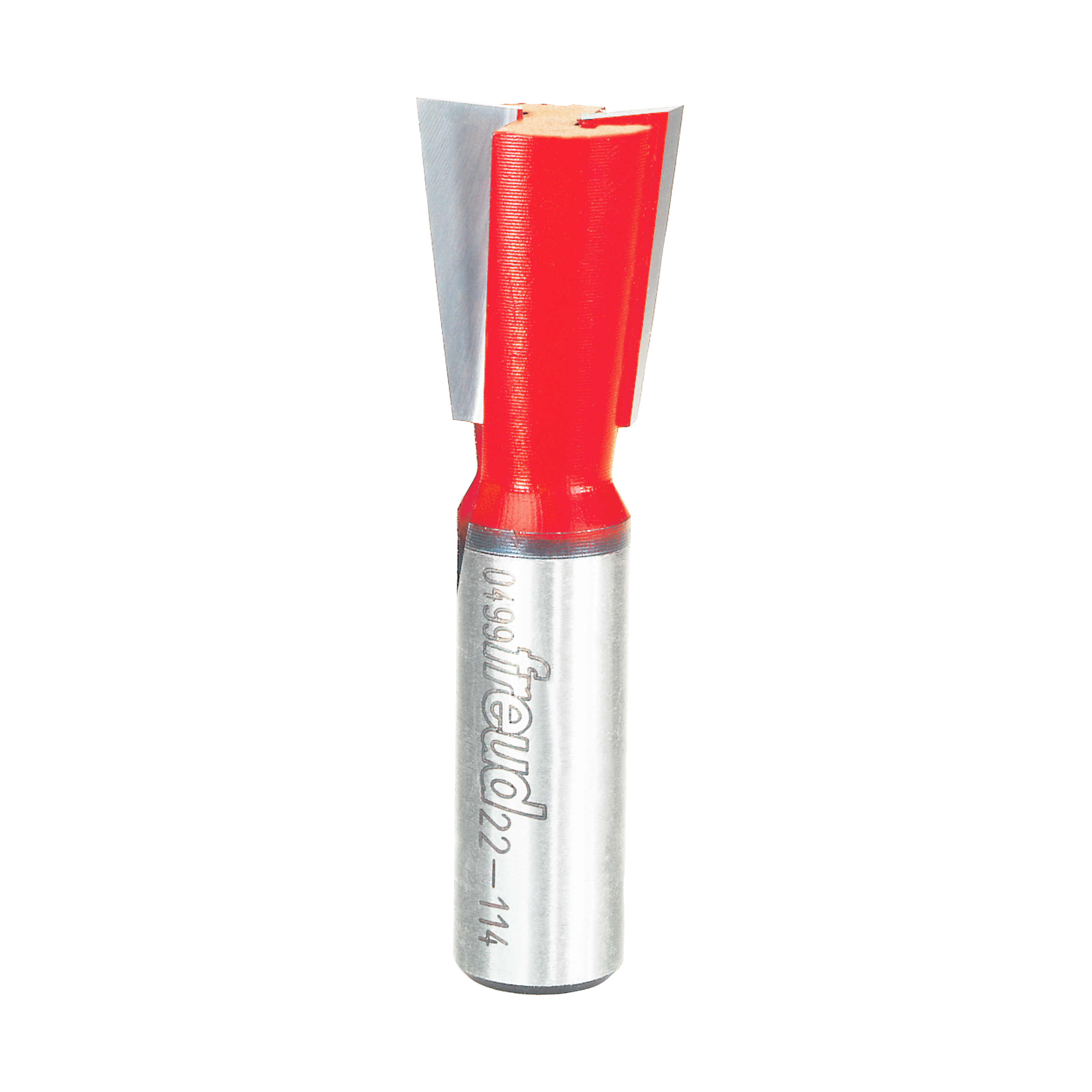 Freud 3/4" dovetail bit with red cutting head and silver metal shank for router use.