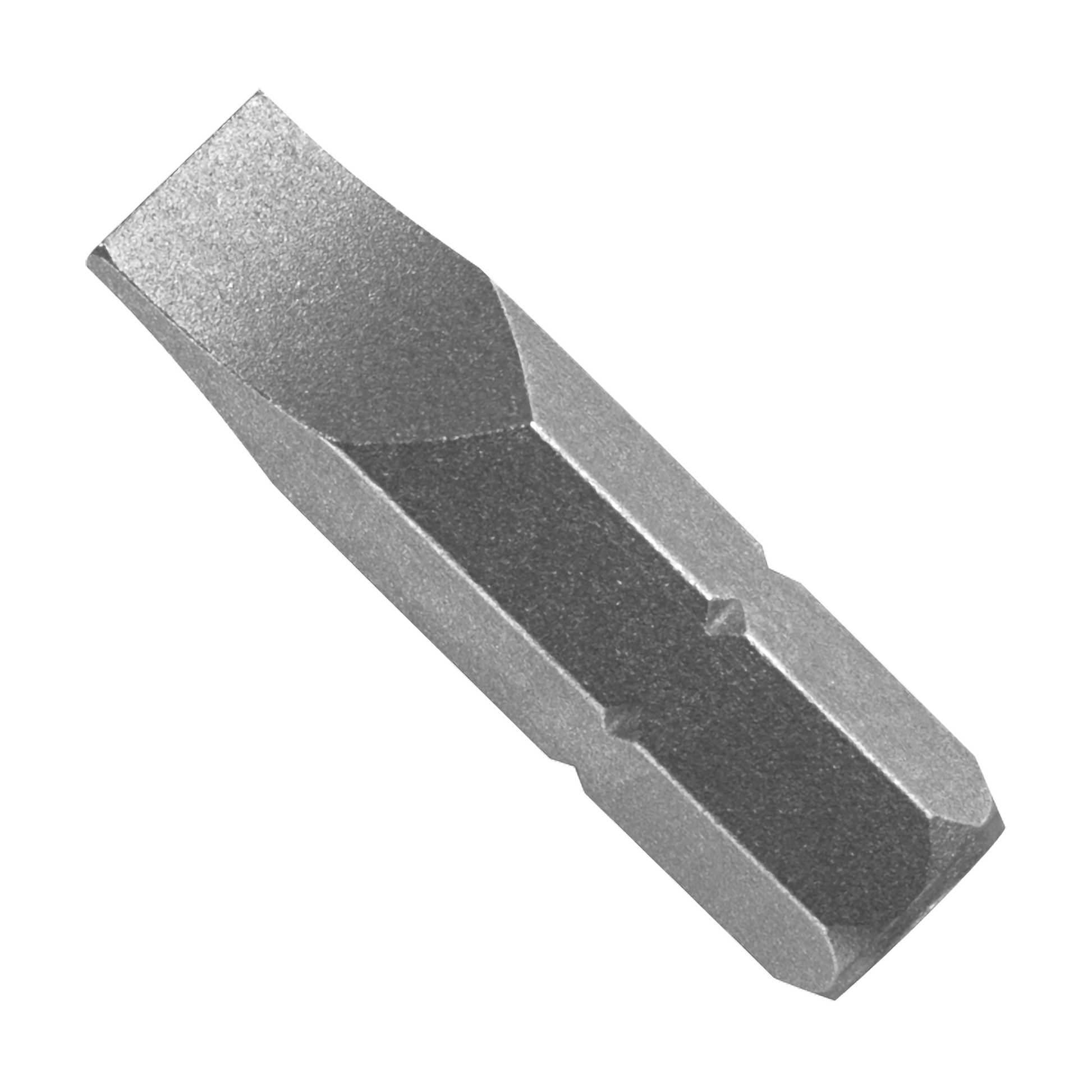 Gray metal slotted drive bit with flat-head design, one inch length.