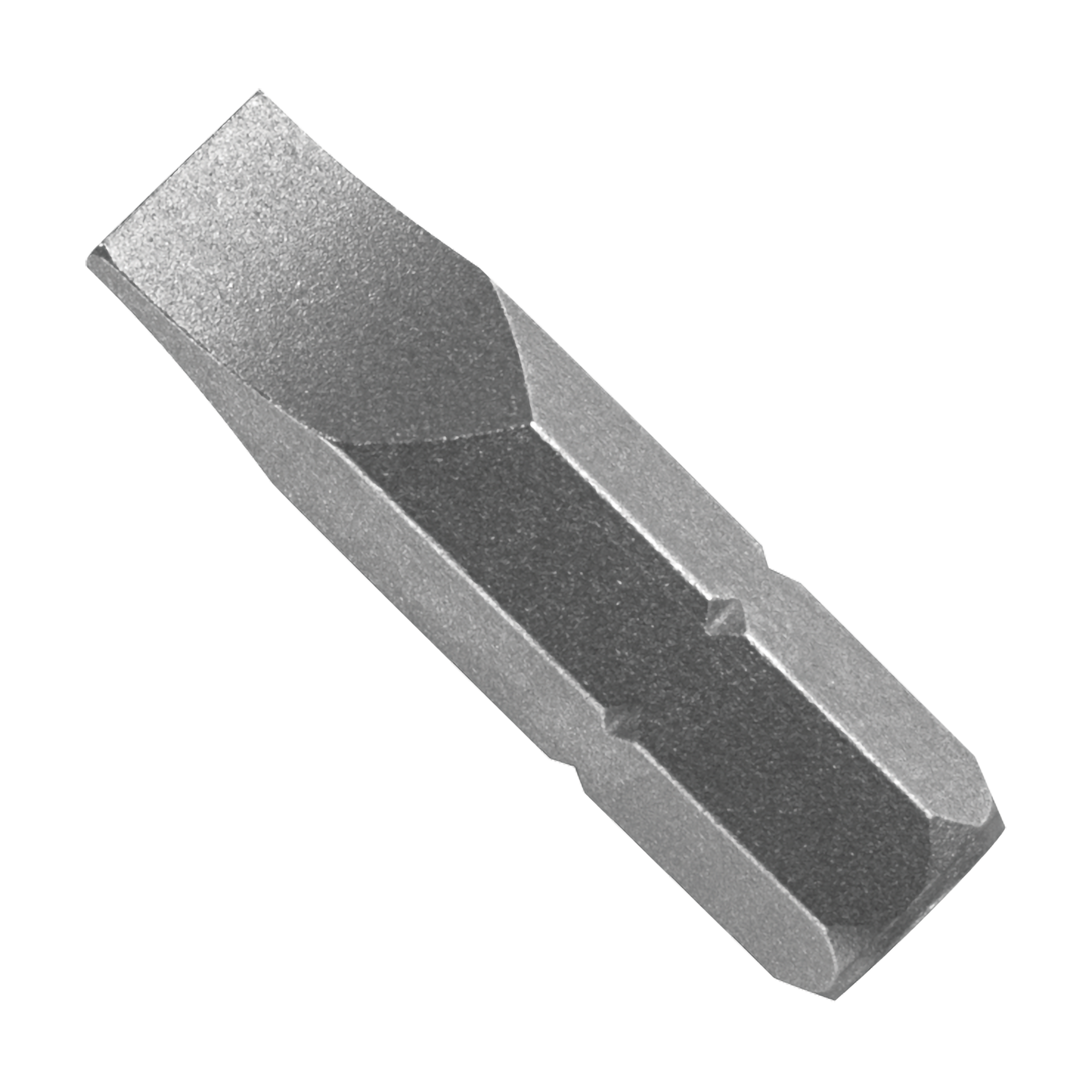 Gray metal slotted drive bit with flat-head design, one inch length.