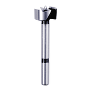 Silver and black Forstner bit with cylindrical shank and flat cutting head with center point.