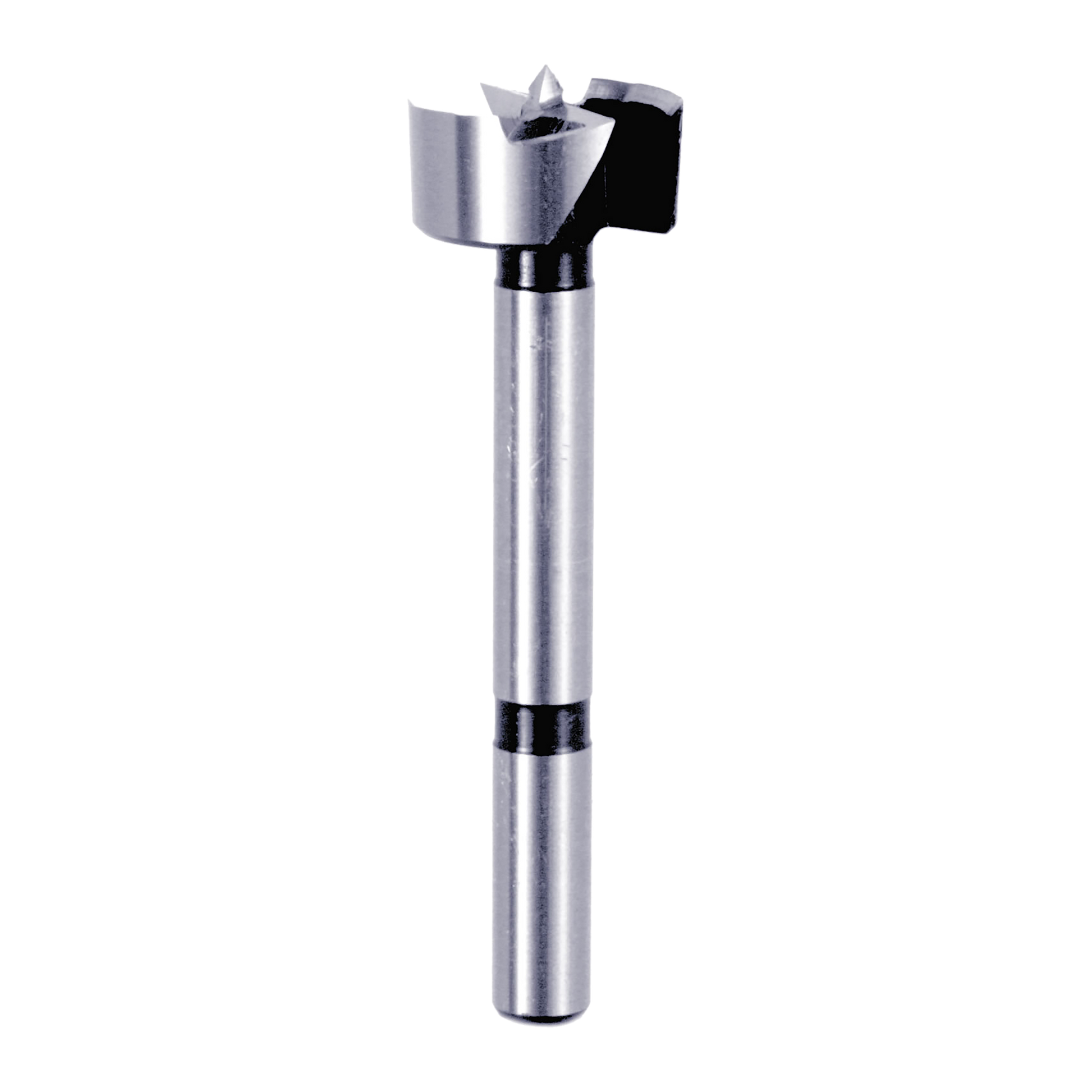 Silver and black Forstner bit with cylindrical shank and flat cutting head with center point.
