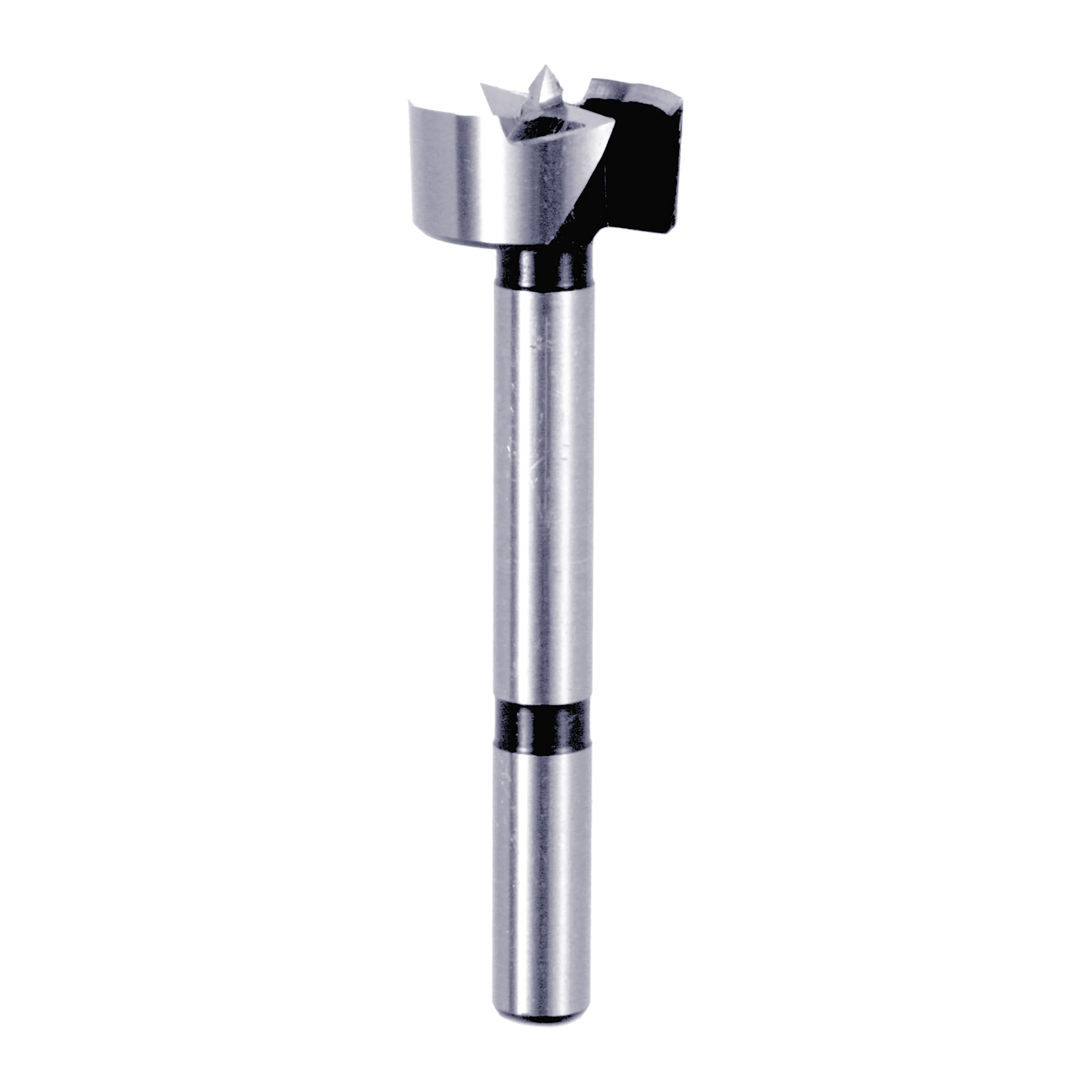 Silver and black Forstner bit with cylindrical shank and flat cutting head with center point.