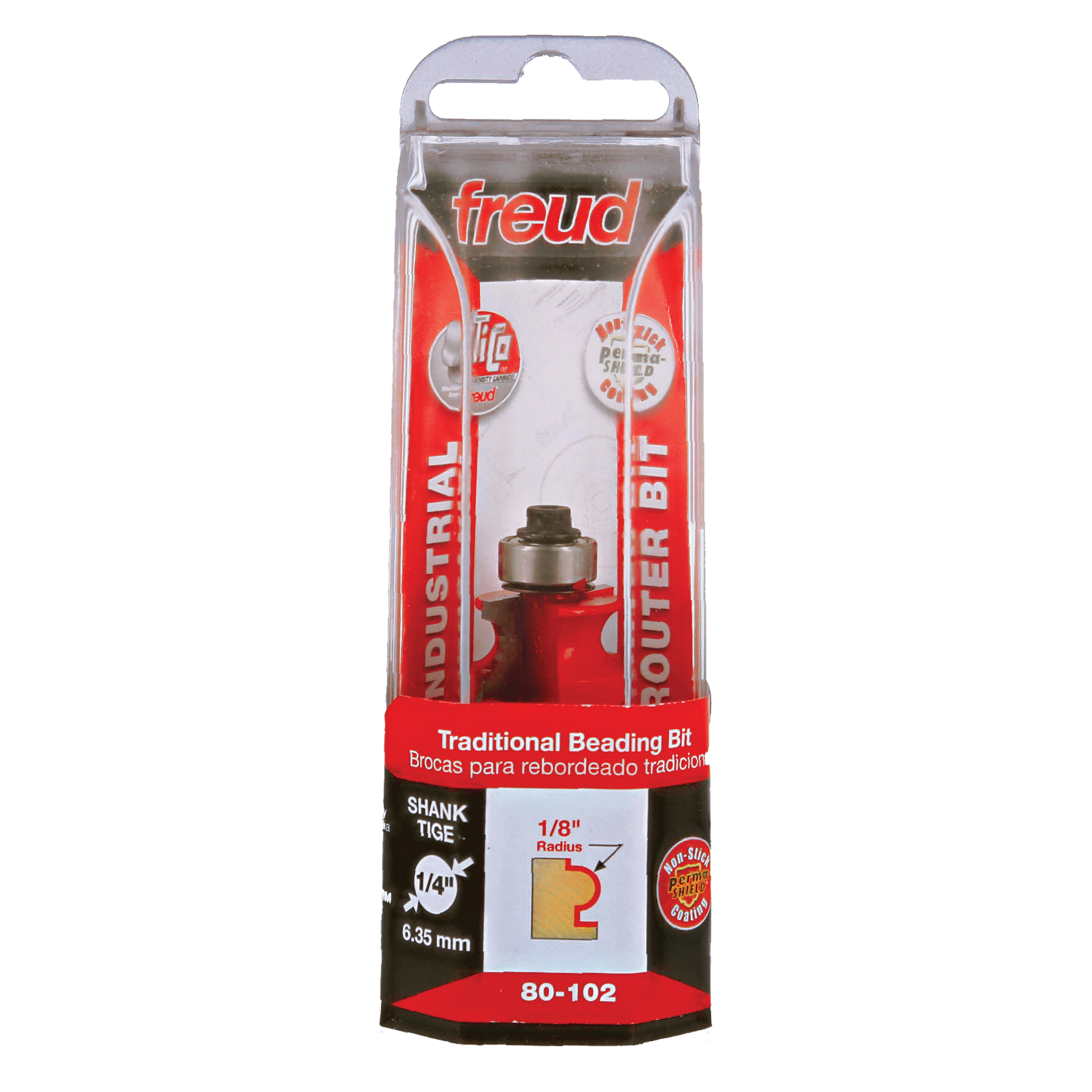 Freud 80-102 beading bit with red router base, 1/8 inch radius, 1/4 inch shank in clear packaging.