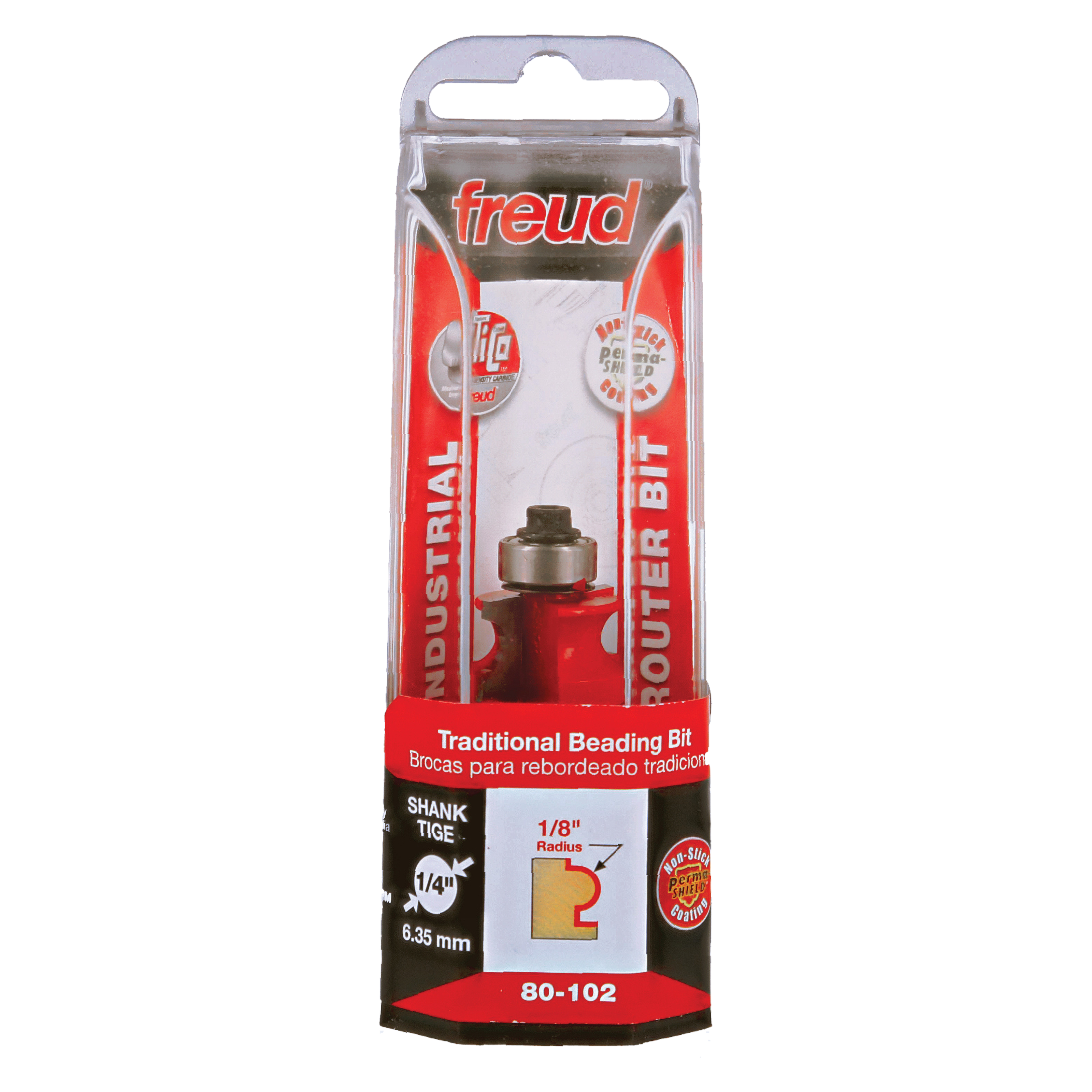 Freud 80-102 beading bit with red router base, 1/8 inch radius, 1/4 inch shank in clear packaging.