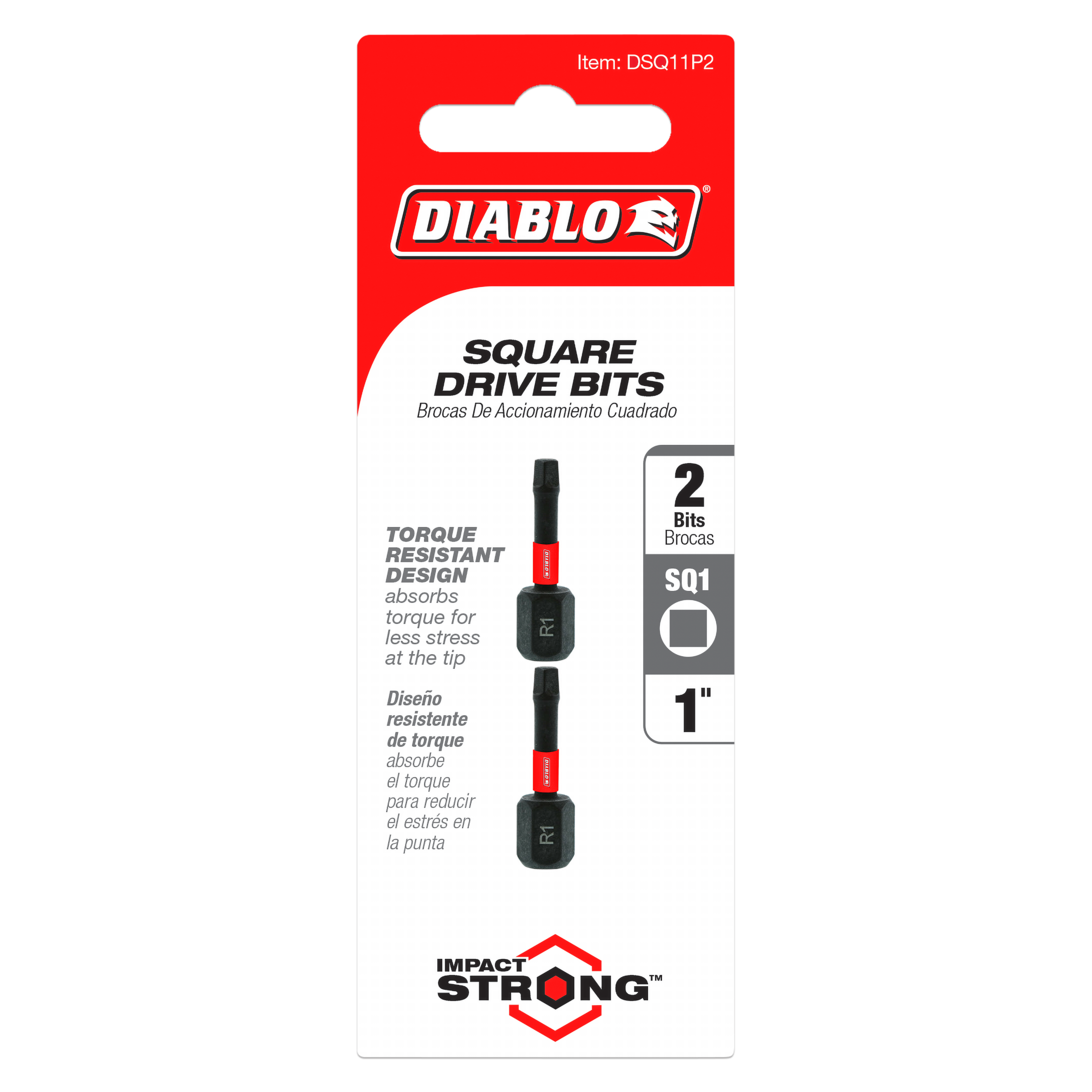 Two 1-inch #1 square drive bits with black shaft and red grip on Diablo packaging card.