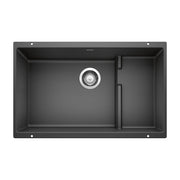 Anthracite undermount kitchen sink with single bowl, drain basket, and small side compartment.