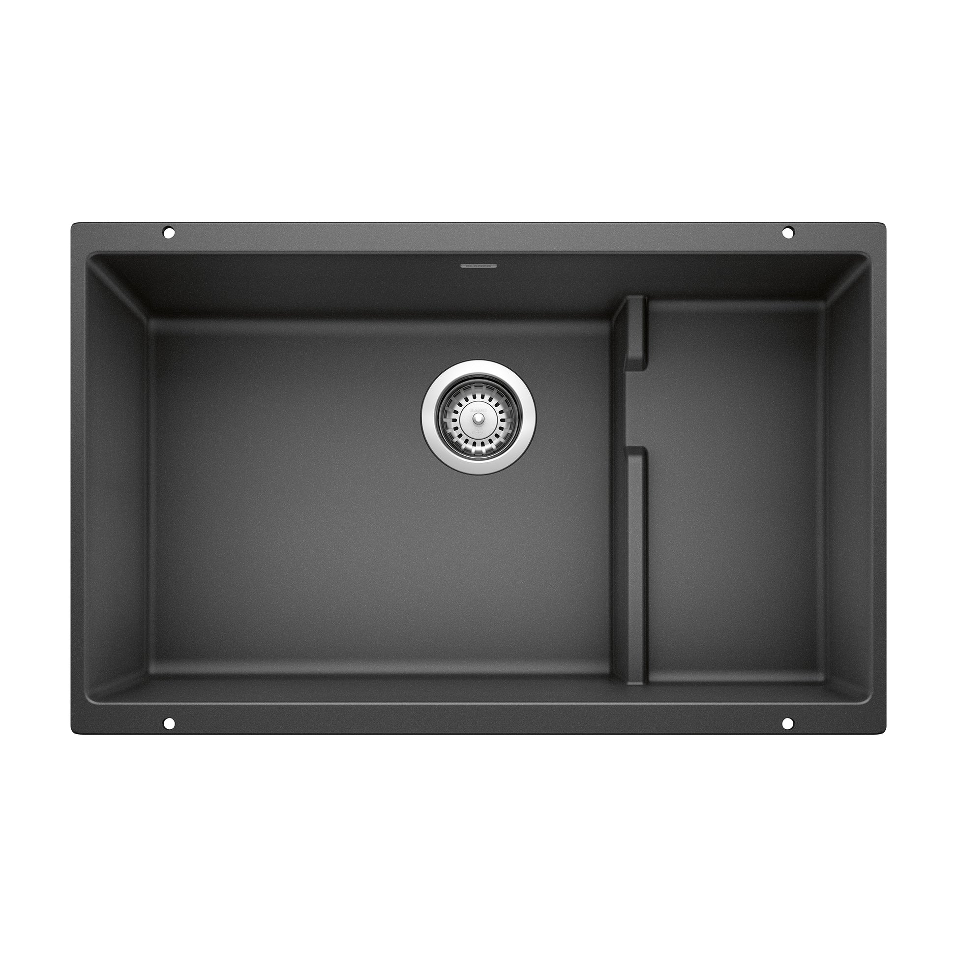 Anthracite undermount kitchen sink with single bowl, drain basket, and small side compartment.