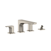 Brushed nickel two-handle deck-mount roman tub filler with curved spout and detachable handshower.