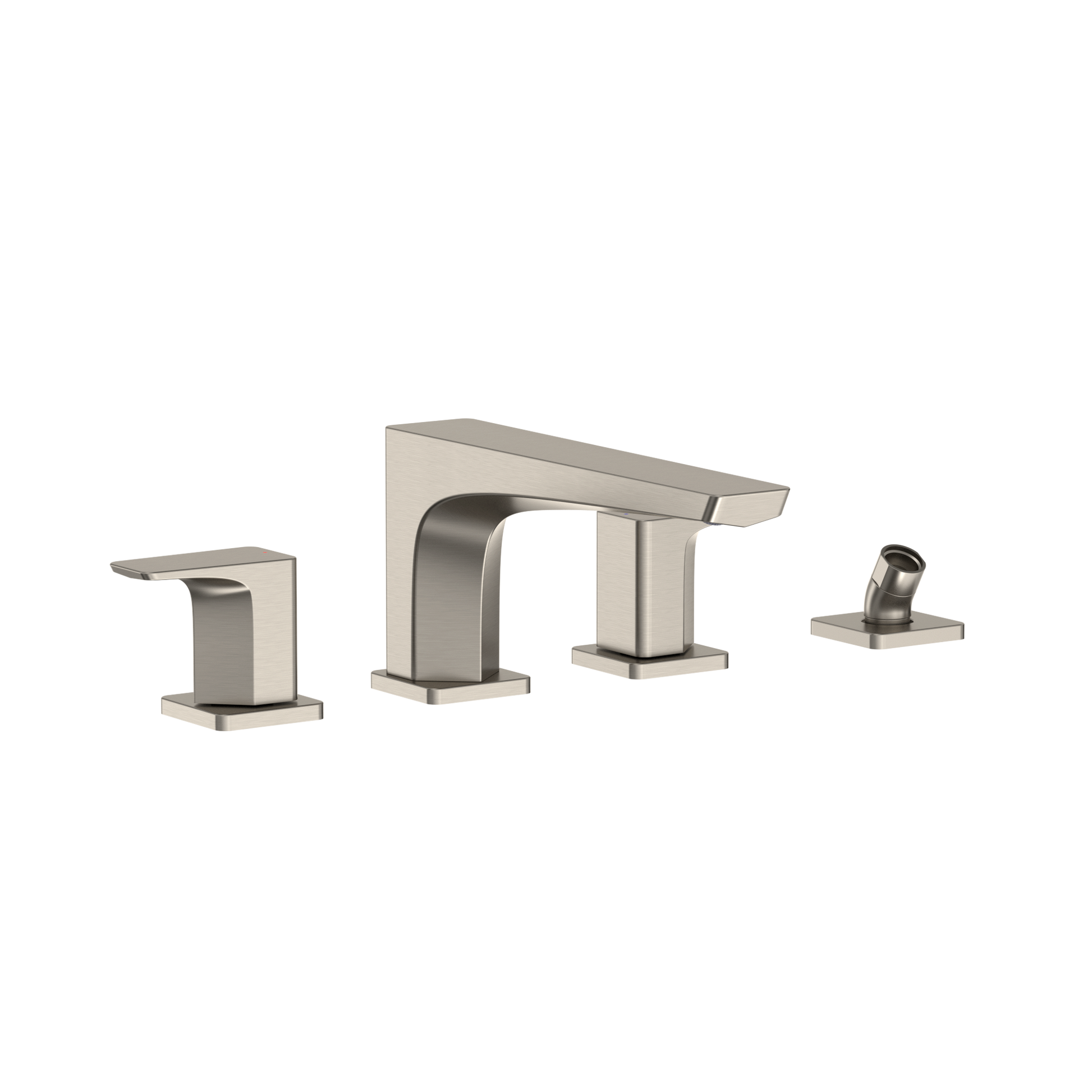 Brushed nickel two-handle deck-mount roman tub filler with curved spout and detachable handshower.