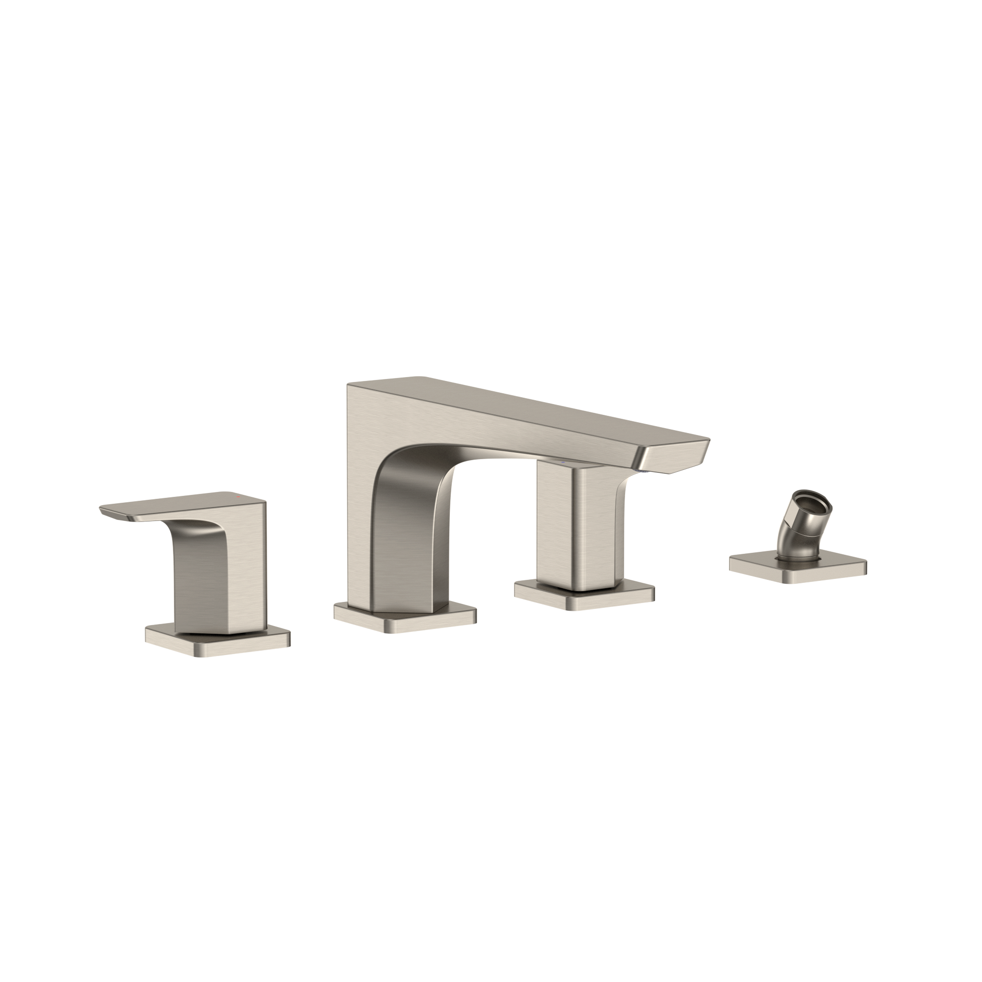Brushed nickel two-handle deck-mount roman tub filler with curved spout and detachable handshower.