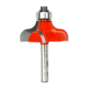 Red and silver ogee router bit with curved cutting edges and metal shaft.