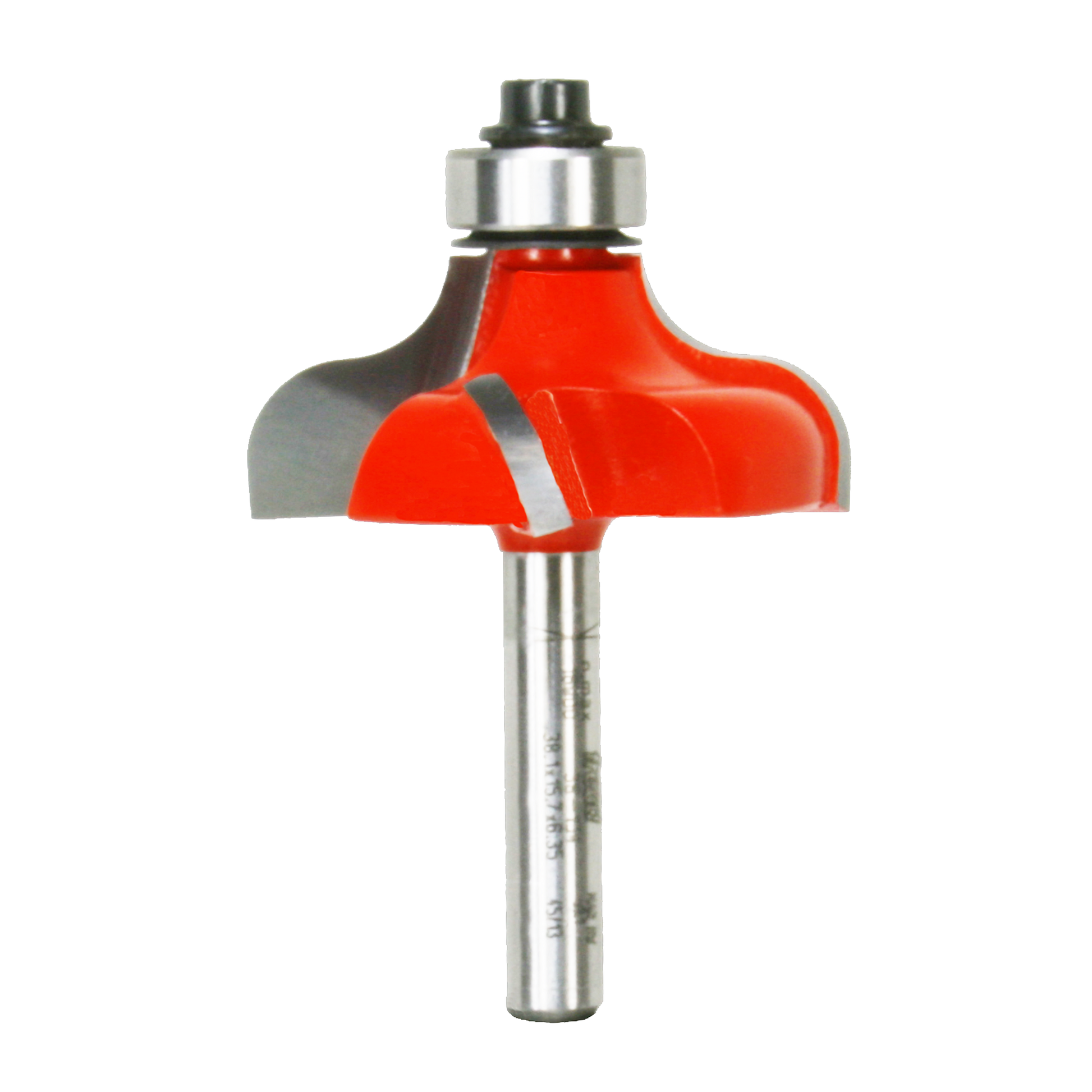 Red and silver ogee router bit with curved cutting edges and metal shaft.