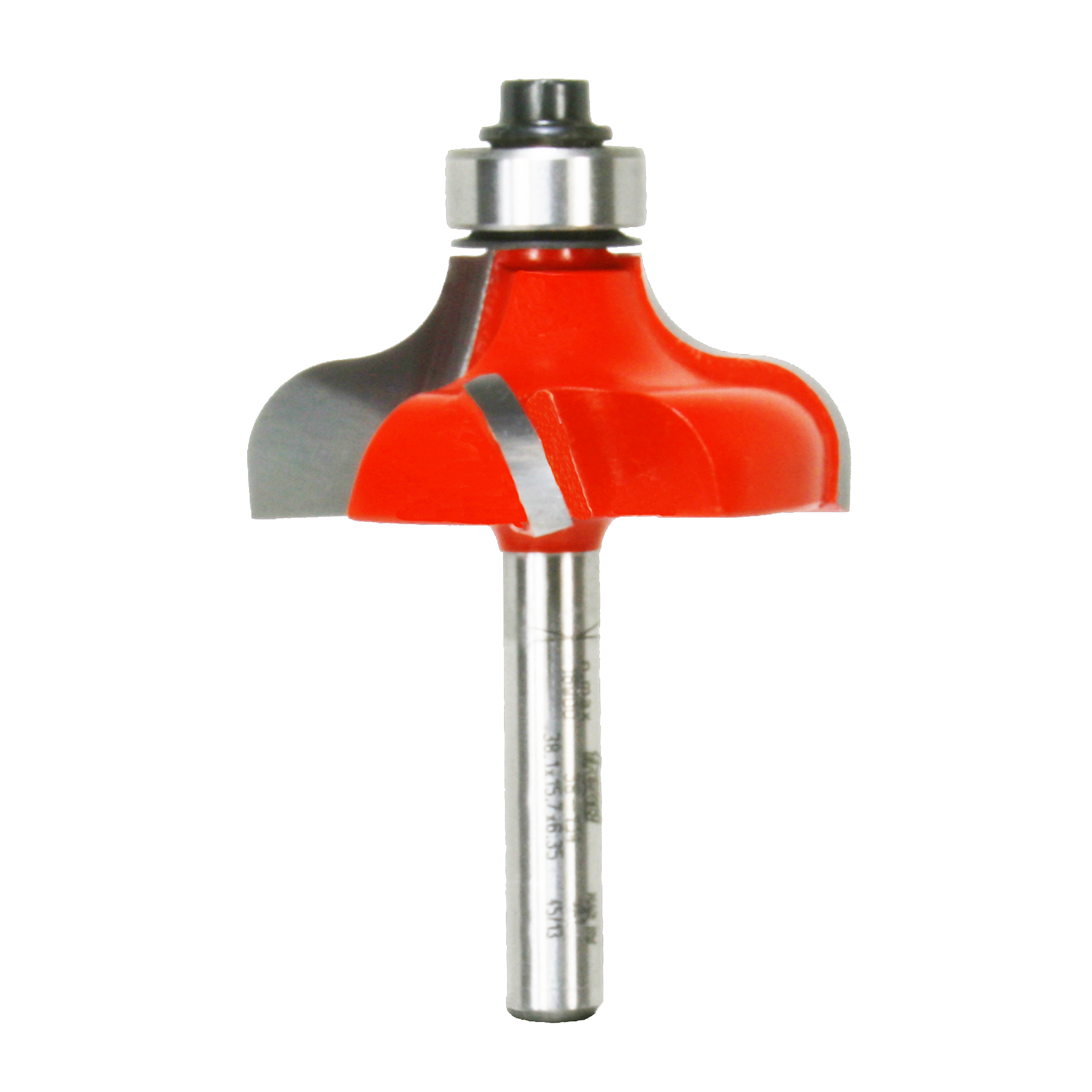 Red and silver ogee router bit with curved cutting edges and metal shaft.