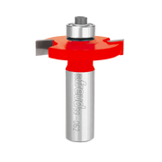 Red and silver rail and stile profile router bit with bearing collar and metal shank.