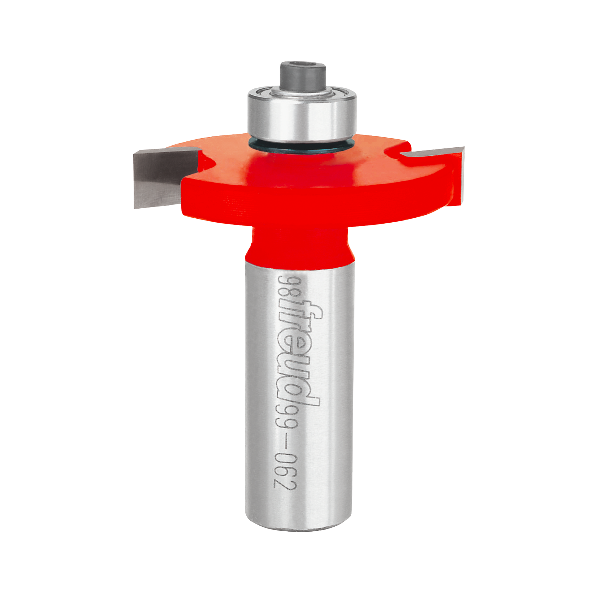 Red and silver rail and stile profile router bit with bearing collar and metal shank.
